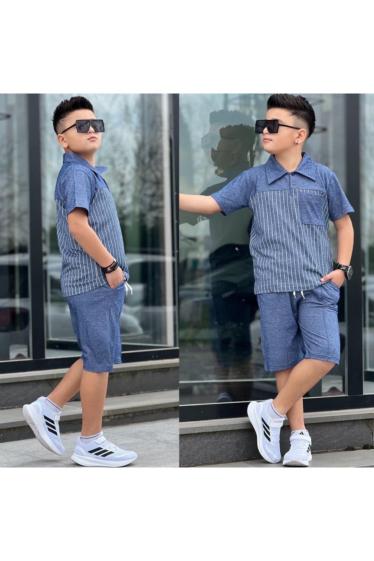 Erkek Çocuk Yakalı Çizgi Detay Pike Kumaş Kombin Takım