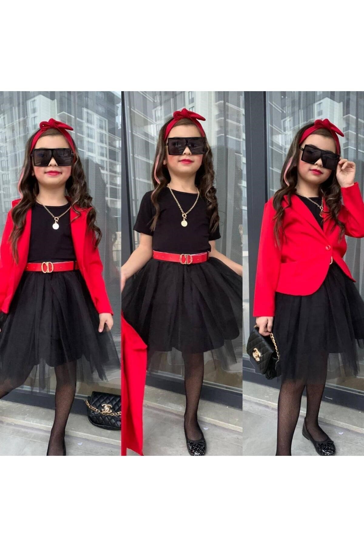 KIZ ÇOCUK CEKET , BADİ , ETEK , KEMER 4 PARÇA KOMBİN TAKIM