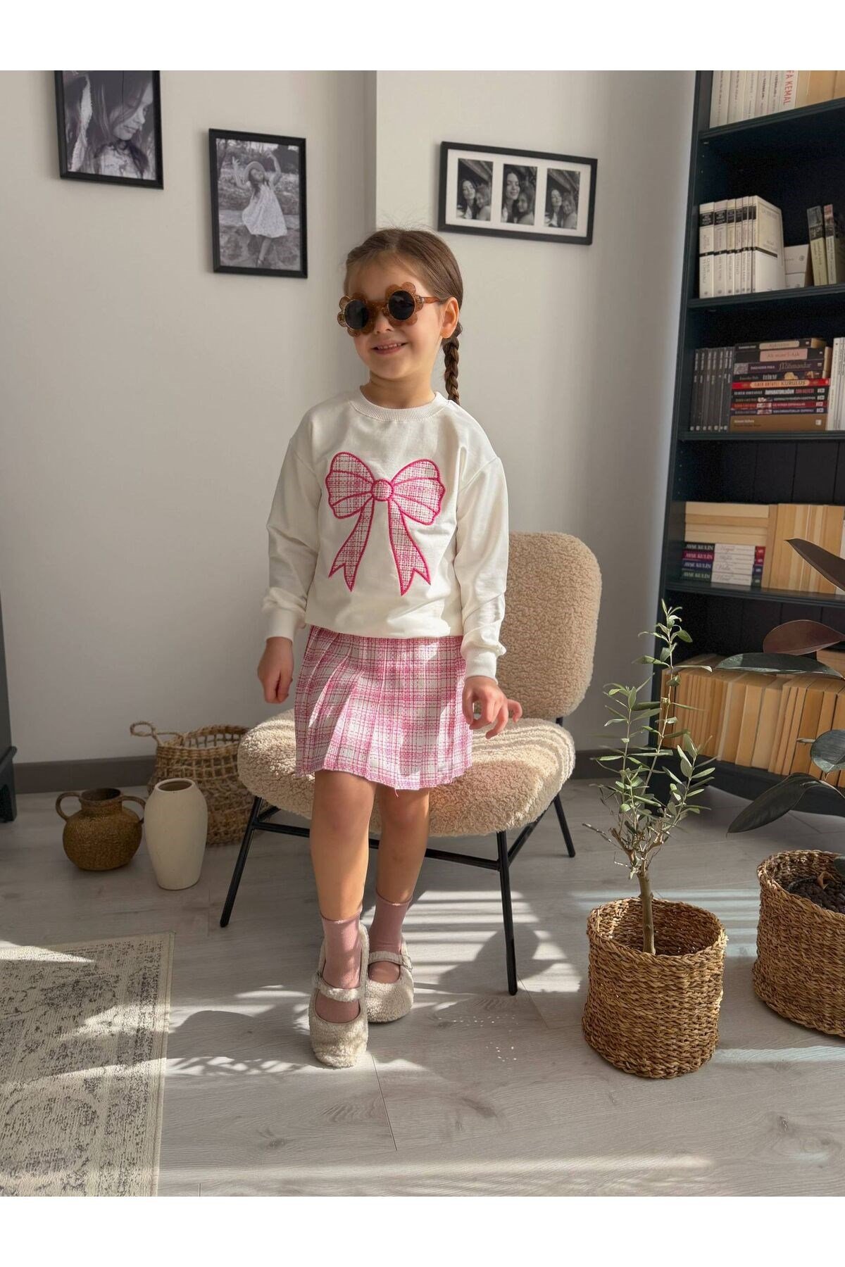 Kız Çocuk Fiyonk Nakışlı Sweat Ekose Desen Etek Kombin Takım
