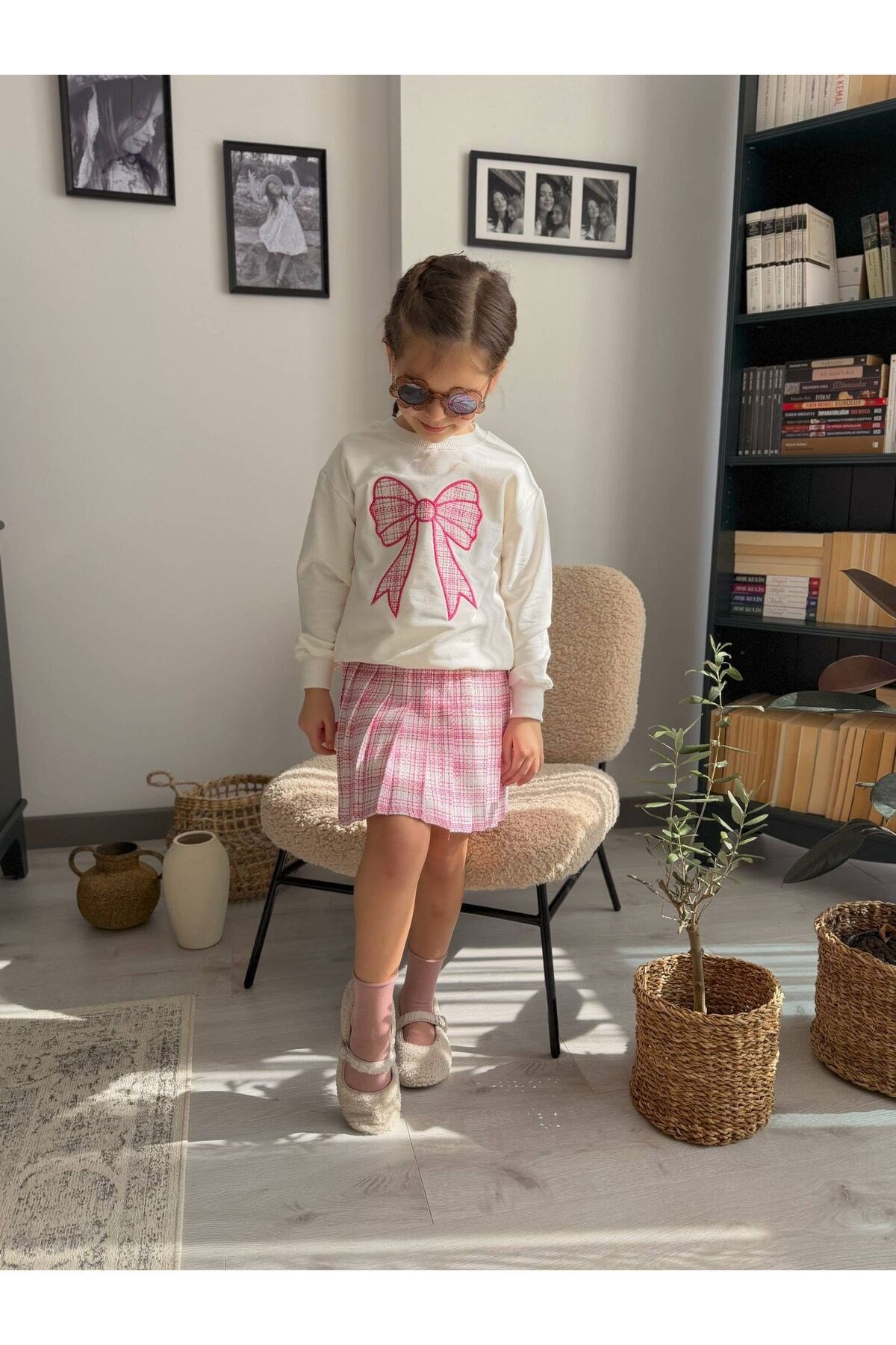Kız Çocuk Fiyonk Nakışlı Sweat Ekose Desen Etek Kombin Takım