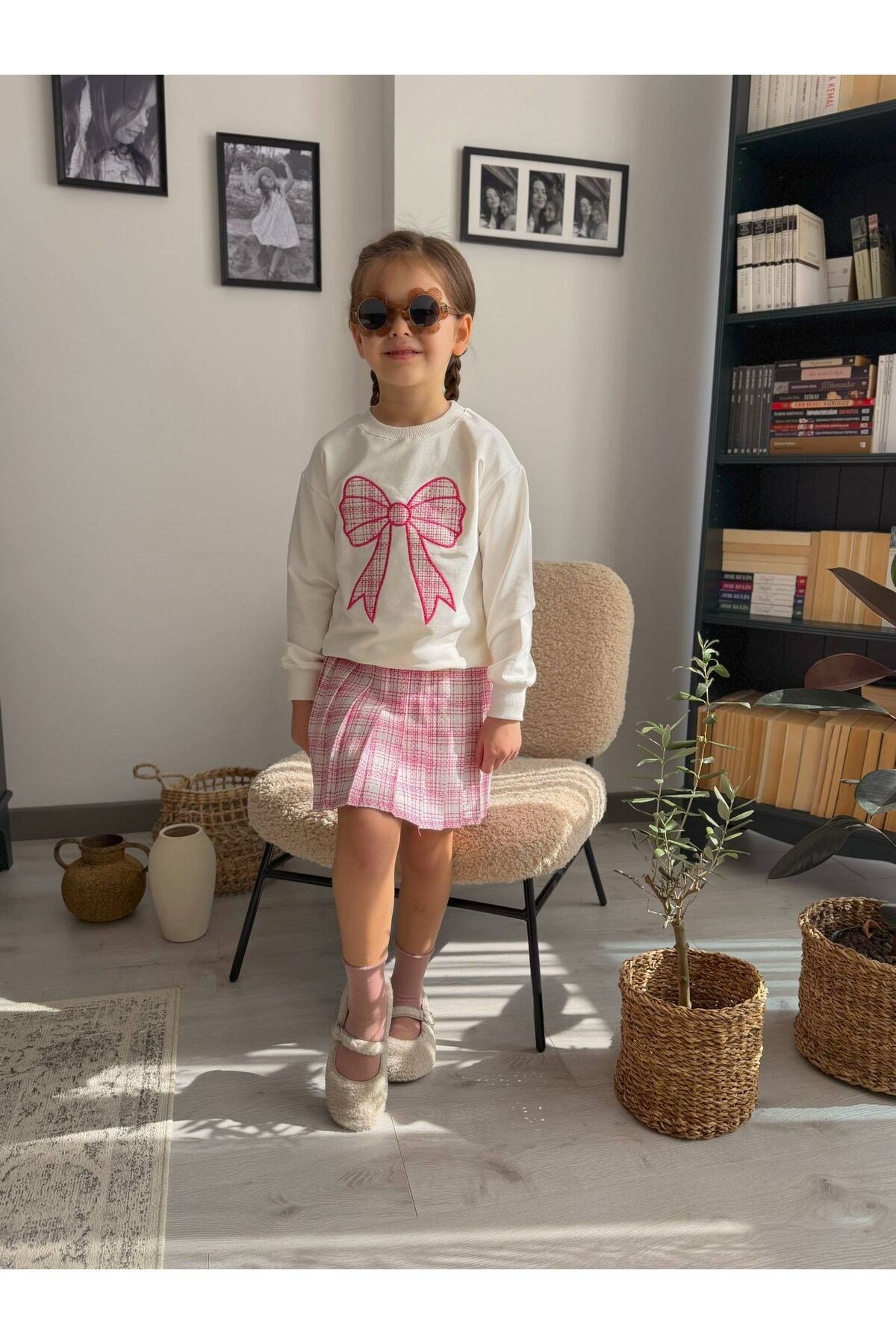 Kız Çocuk Fiyonk Nakışlı Sweat Ekose Desen Etek Kombin Takım