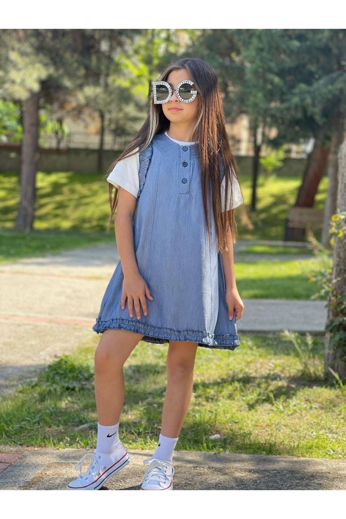 Kız Çocuk Kot Jile Elbise ve Badi 2 Parça Kombin