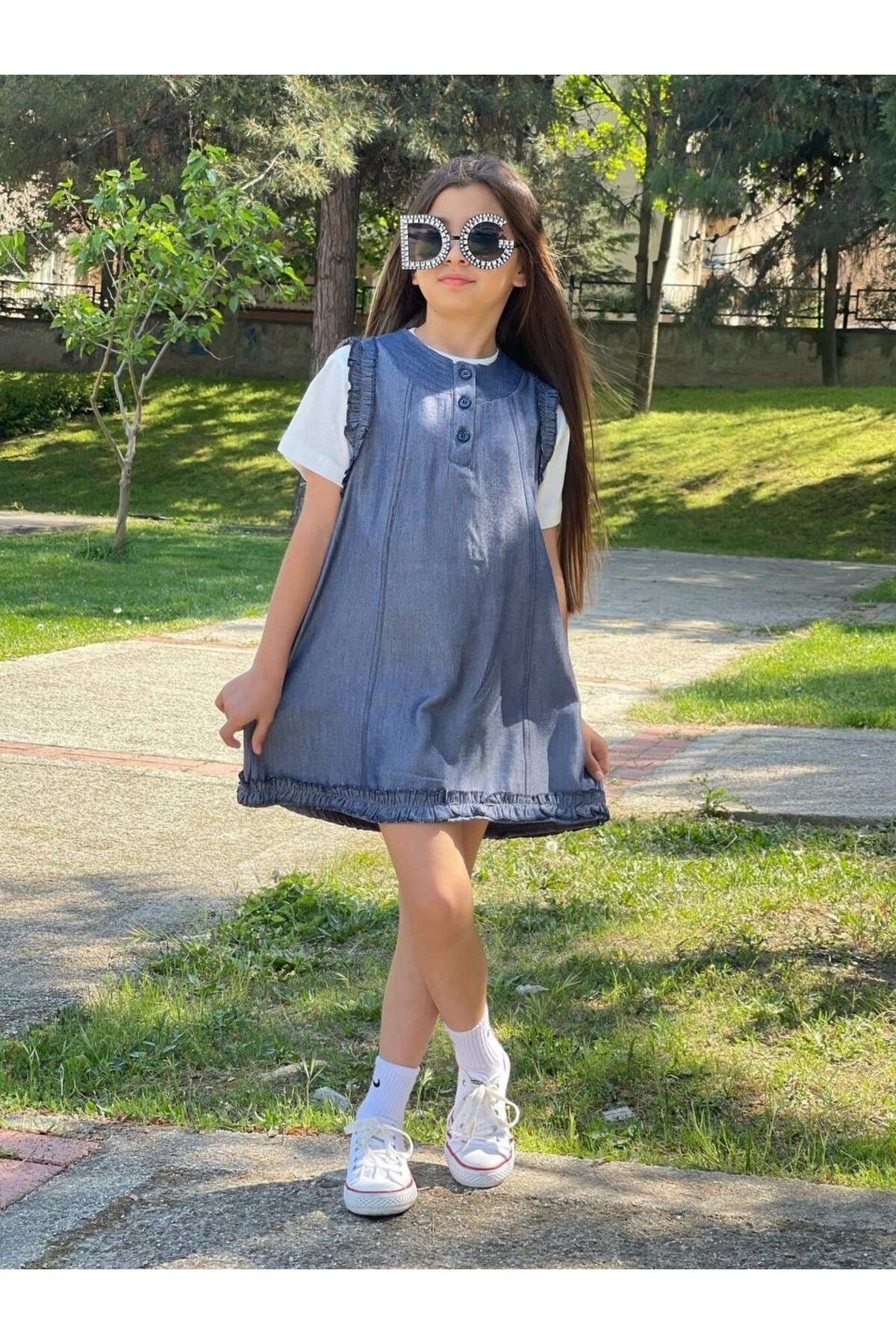 Kız Çocuk Kot Jile Elbise ve Badi 2 Parça Kombin