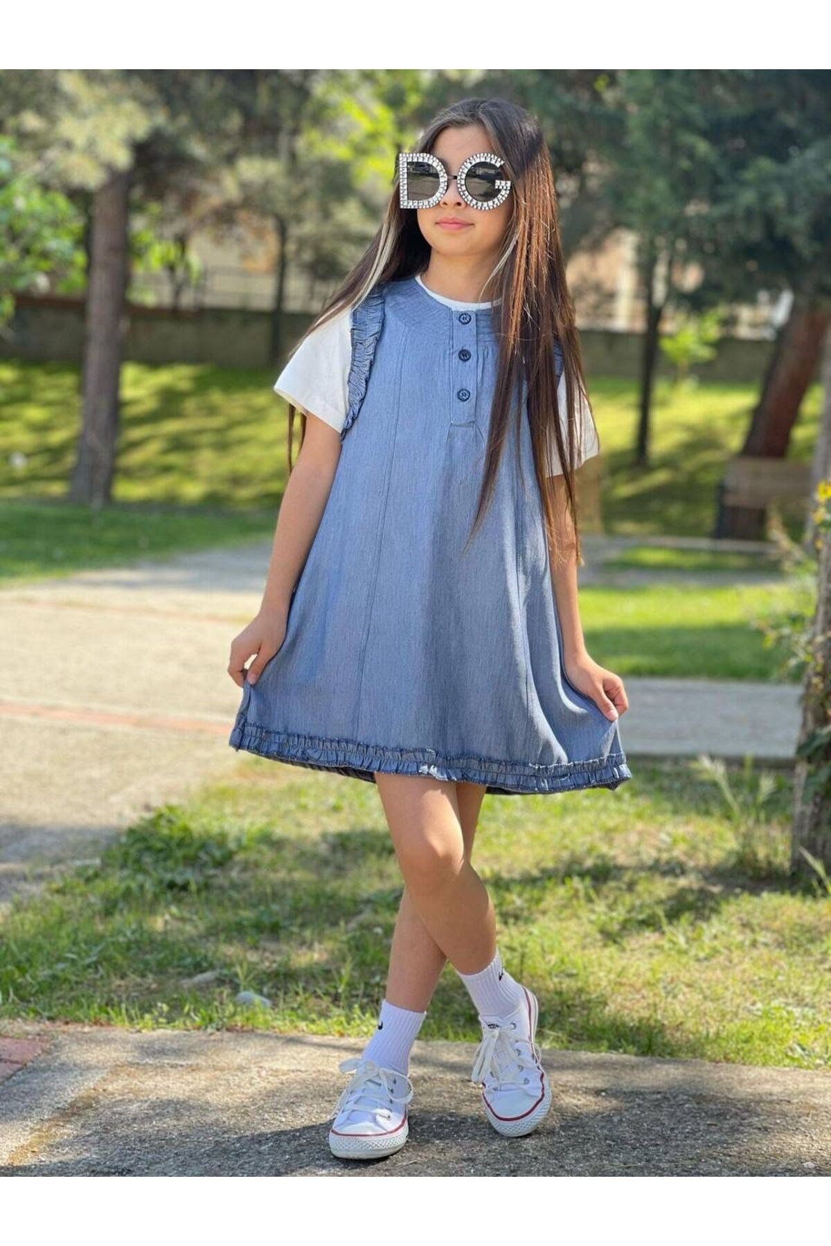 Kız Çocuk Kot Jile Elbise ve Badi 2 Parça Kombin