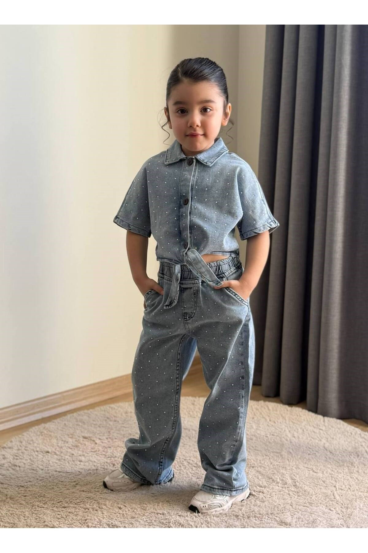 Kız Çocuk Taşlı Kot Gömlek Ve Pantalon 2 Parça Kombin Takım