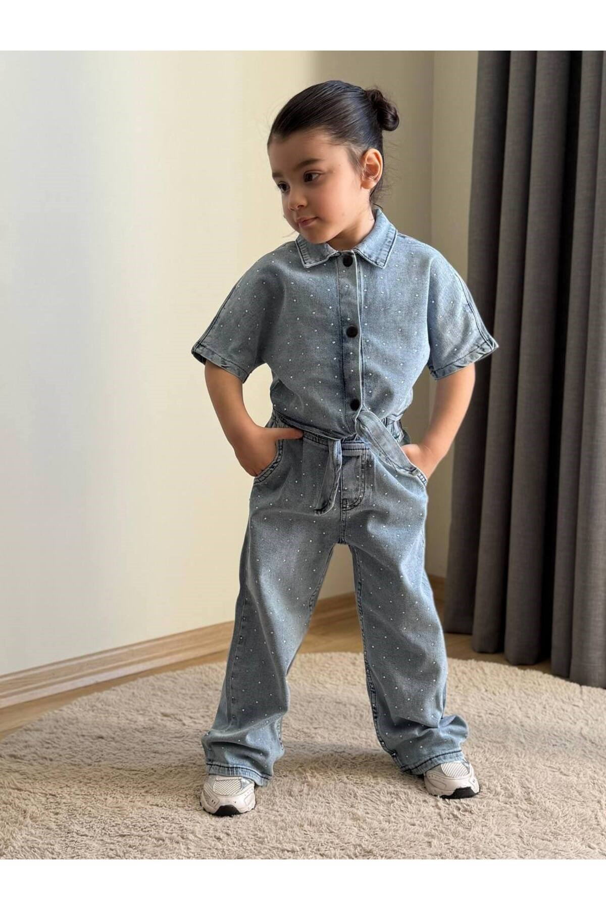 Kız Çocuk Taşlı Kot Gömlek Ve Pantalon 2 Parça Kombin Takım