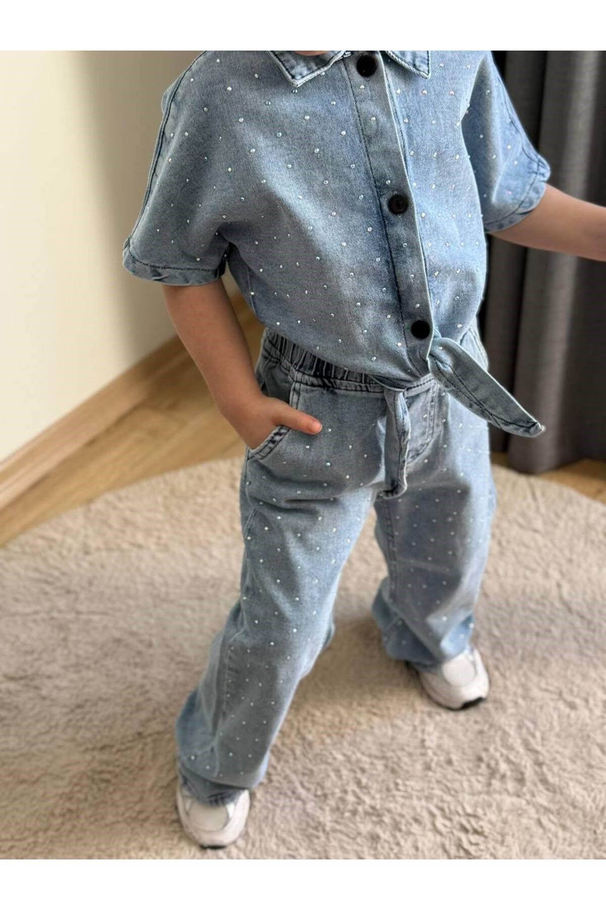 Kız Çocuk Taşlı Kot Gömlek Ve Pantalon 2 Parça Kombin Takım