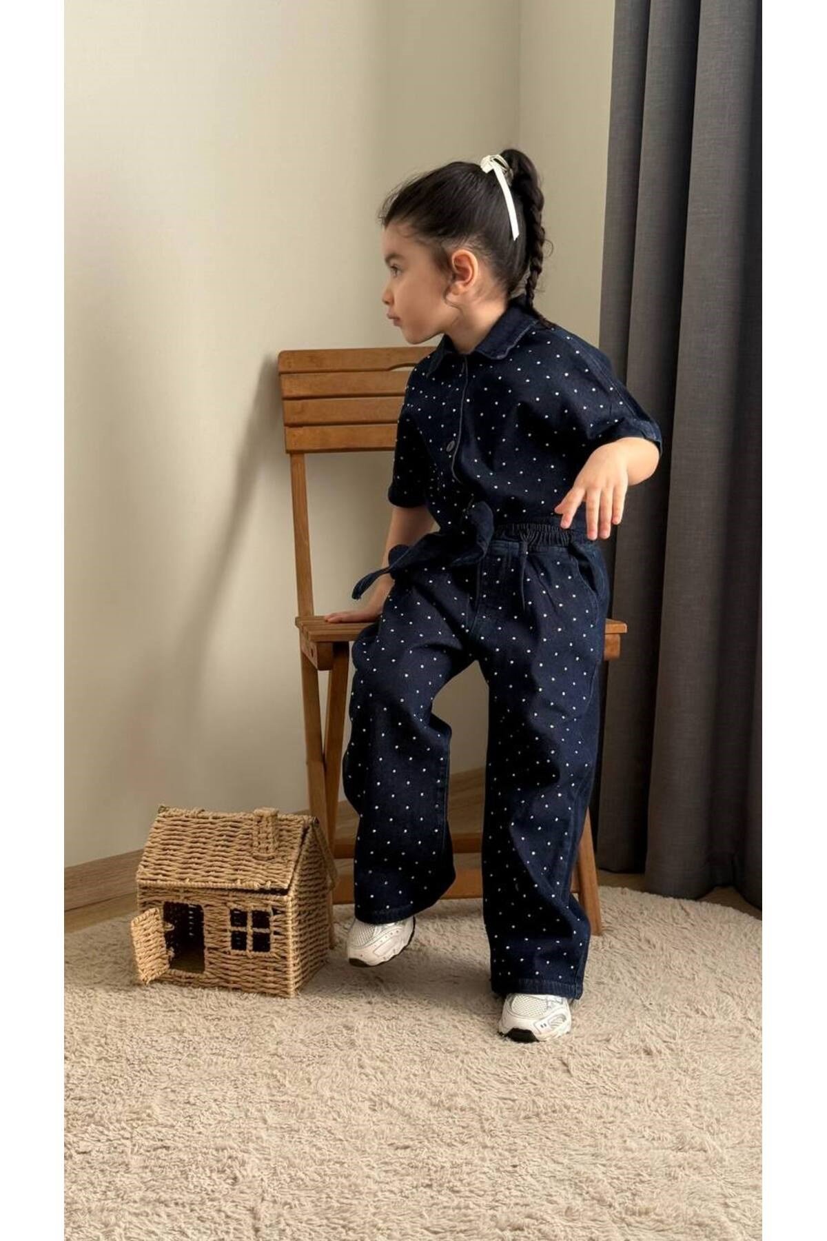 Kız Çocuk Taşlı Kot Gömlek Ve Pantalon 2 Parça Kombin Takım