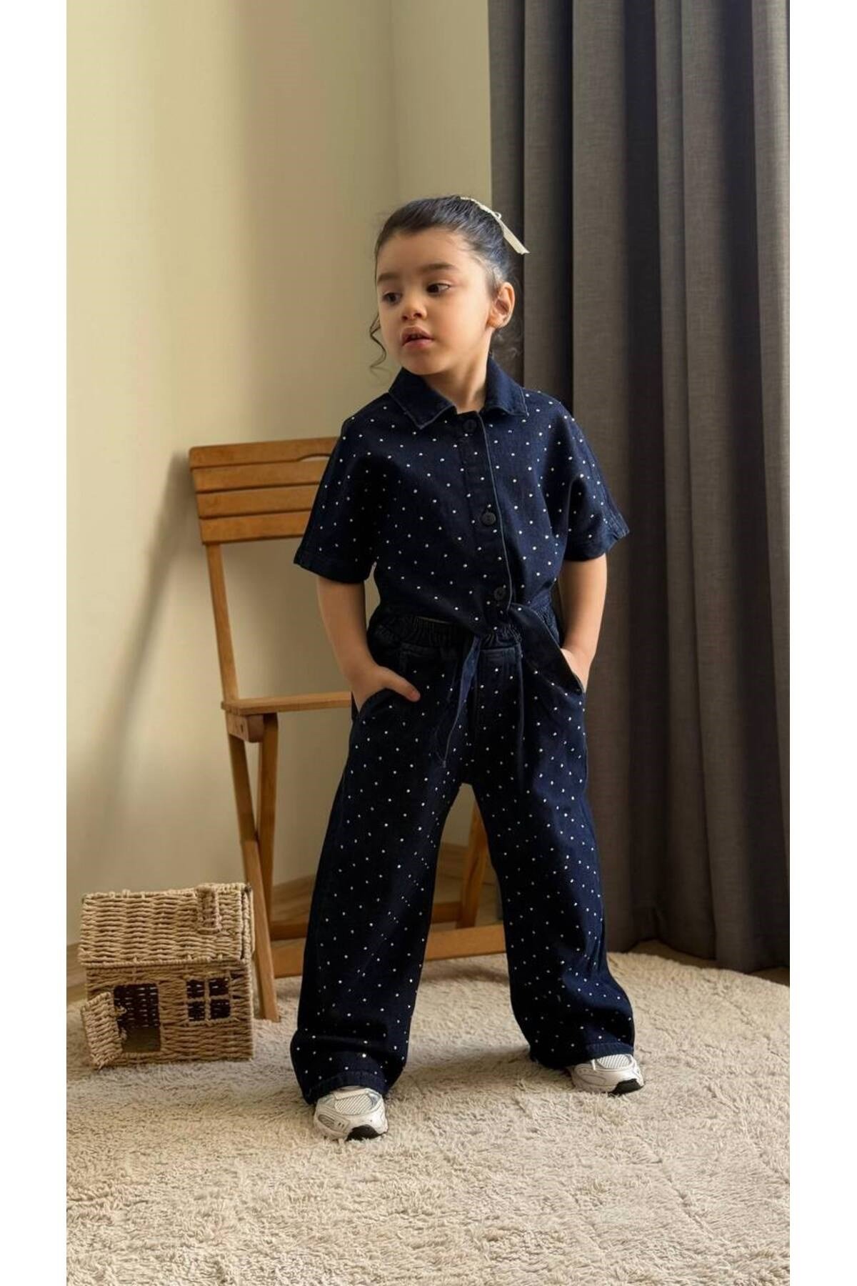 Kız Çocuk Taşlı Kot Gömlek Ve Pantalon 2 Parça Kombin Takım