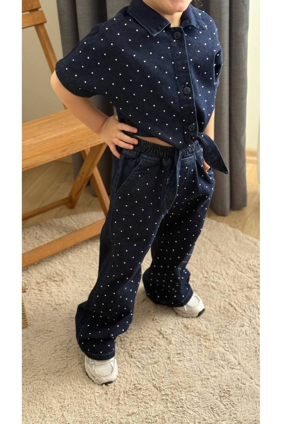 Kız Çocuk Taşlı Kot Gömlek Ve Pantalon 2 Parça Kombin Takım