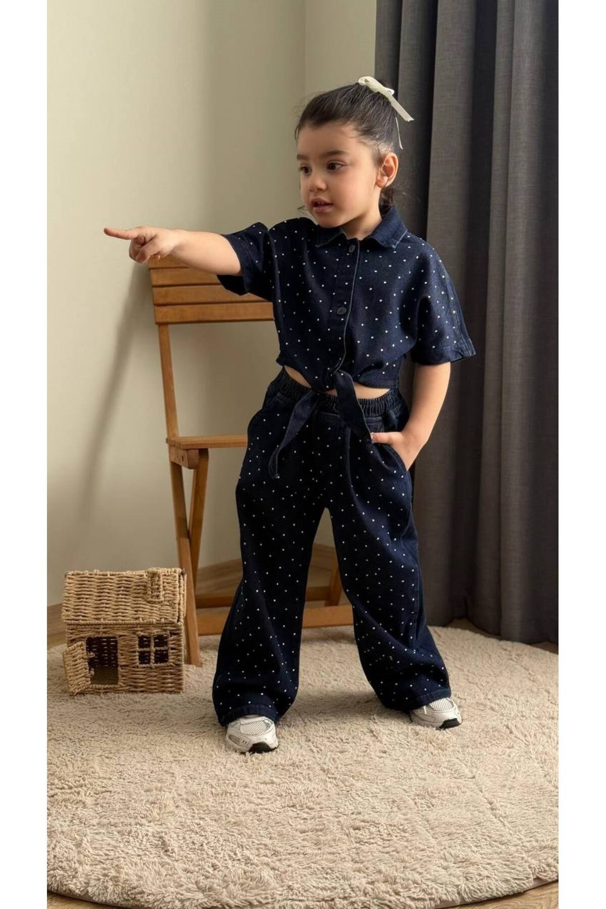 Kız Çocuk Taşlı Kot Gömlek Ve Pantalon 2 Parça Kombin Takım