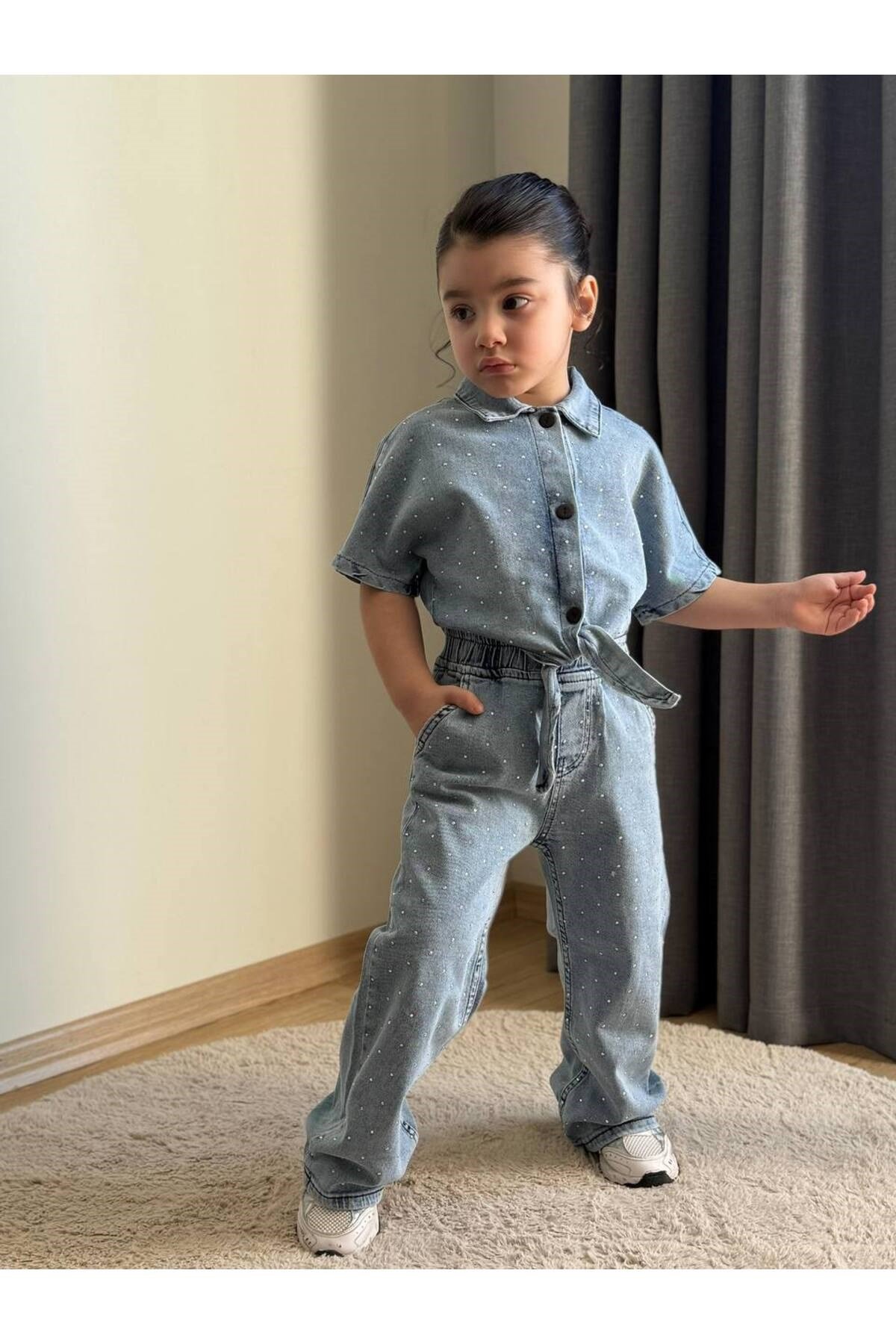 Kız Çocuk Taşlı Kot Gömlek Ve Pantalon 2 Parça Kombin Takım