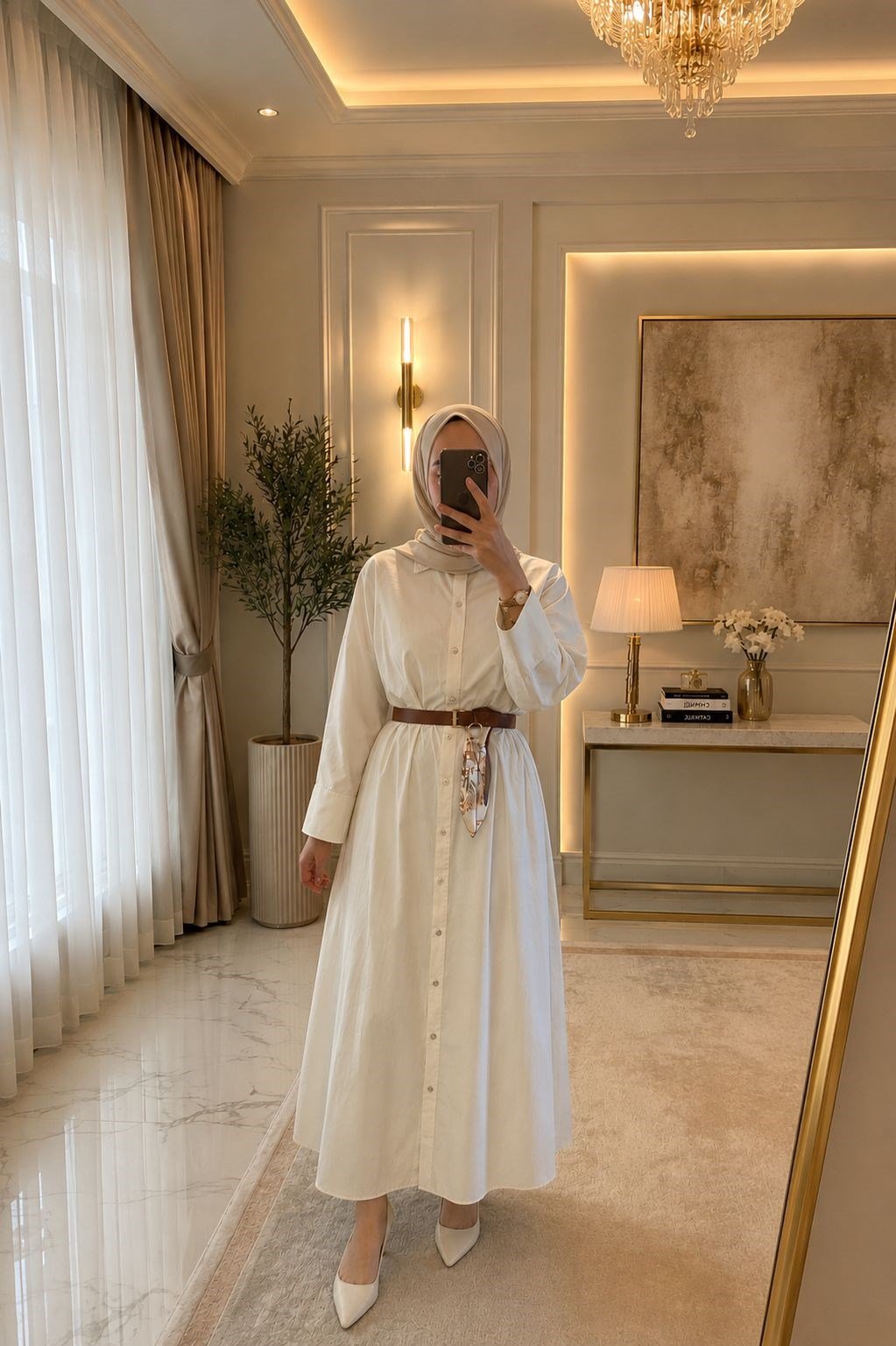 Alya Kemer Detaylı Gömlek Elbise - Krem