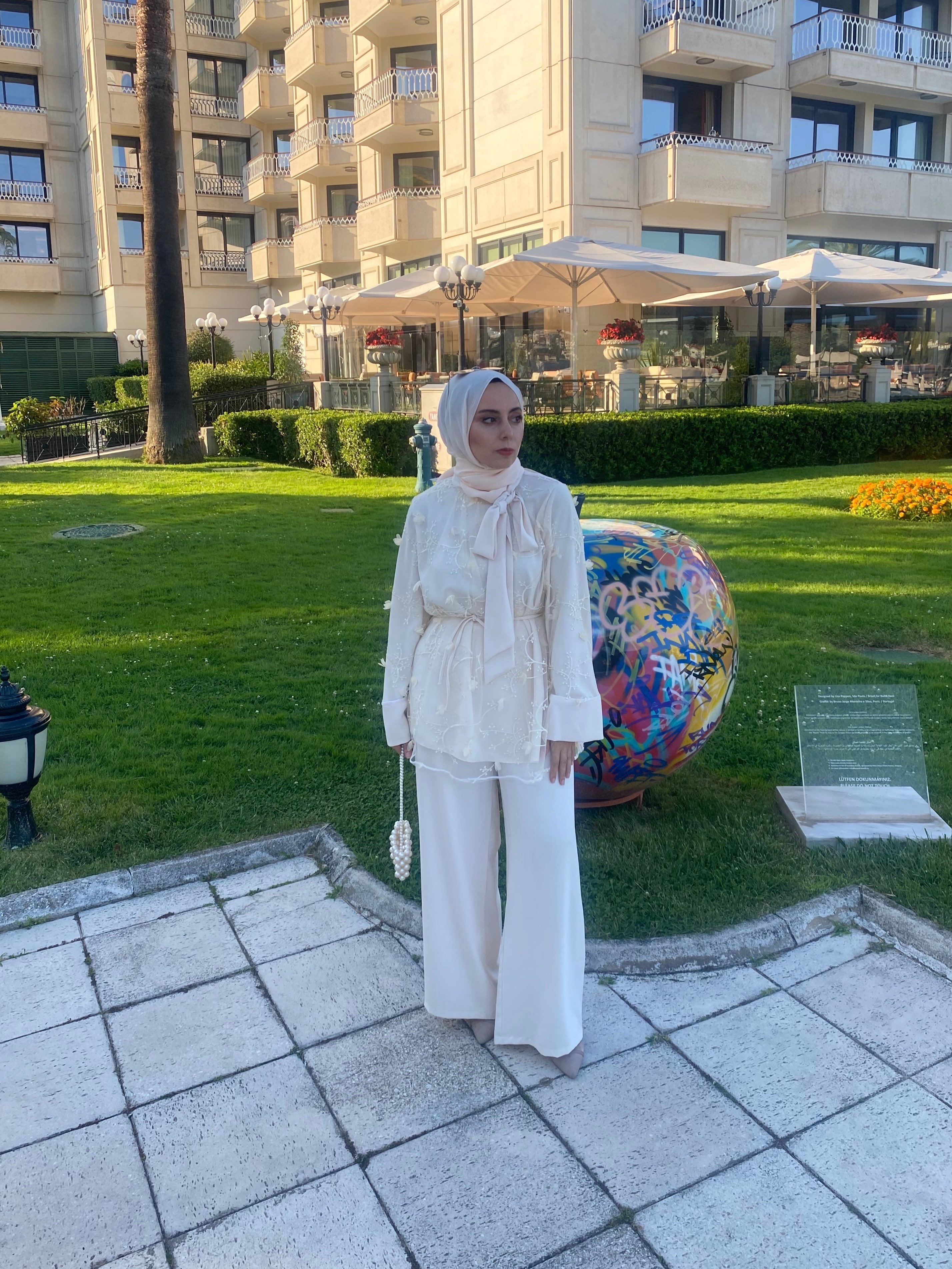 Fularlı Tül Takım - Krem