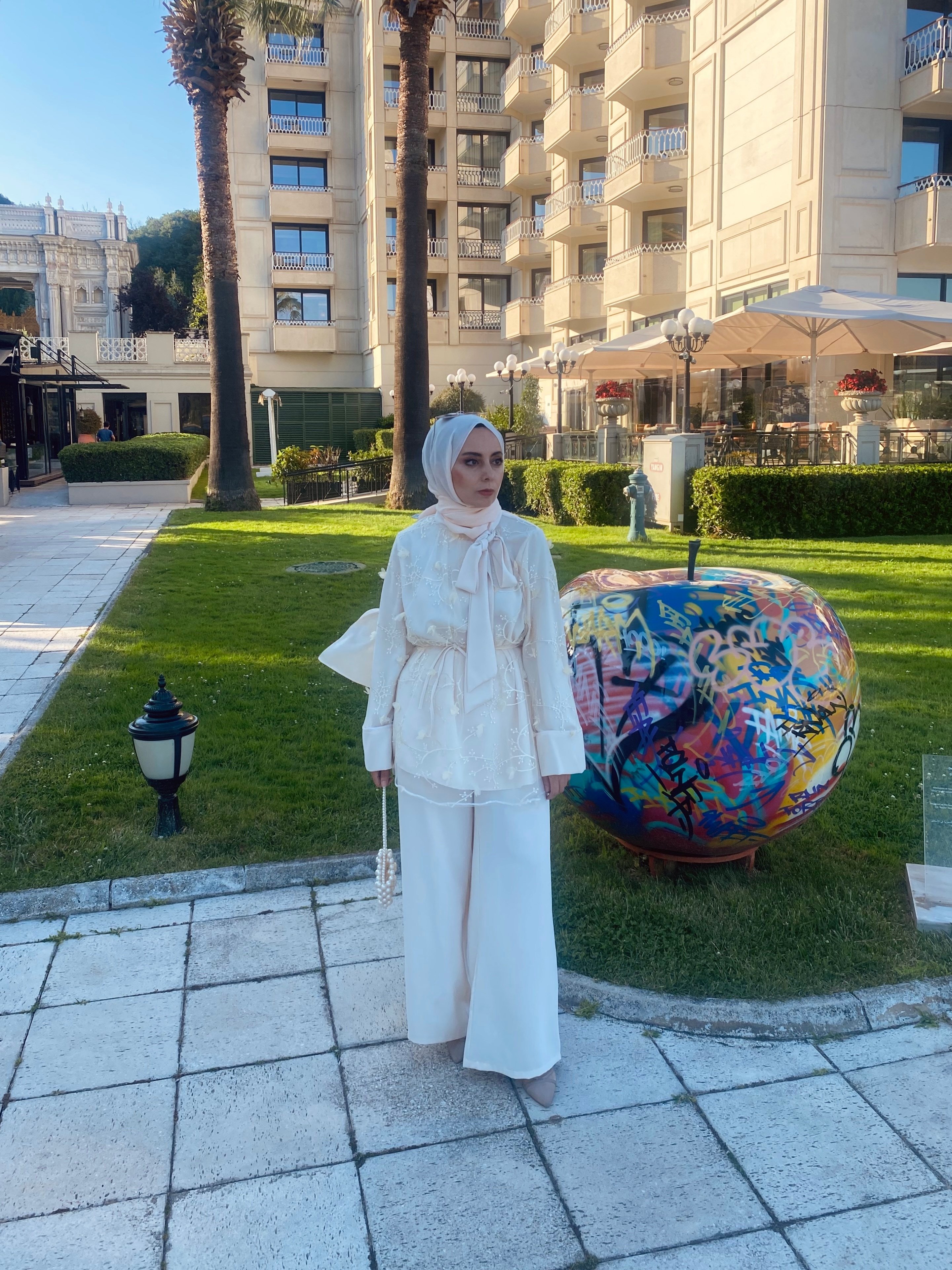 Fularlı Tül Takım - Krem