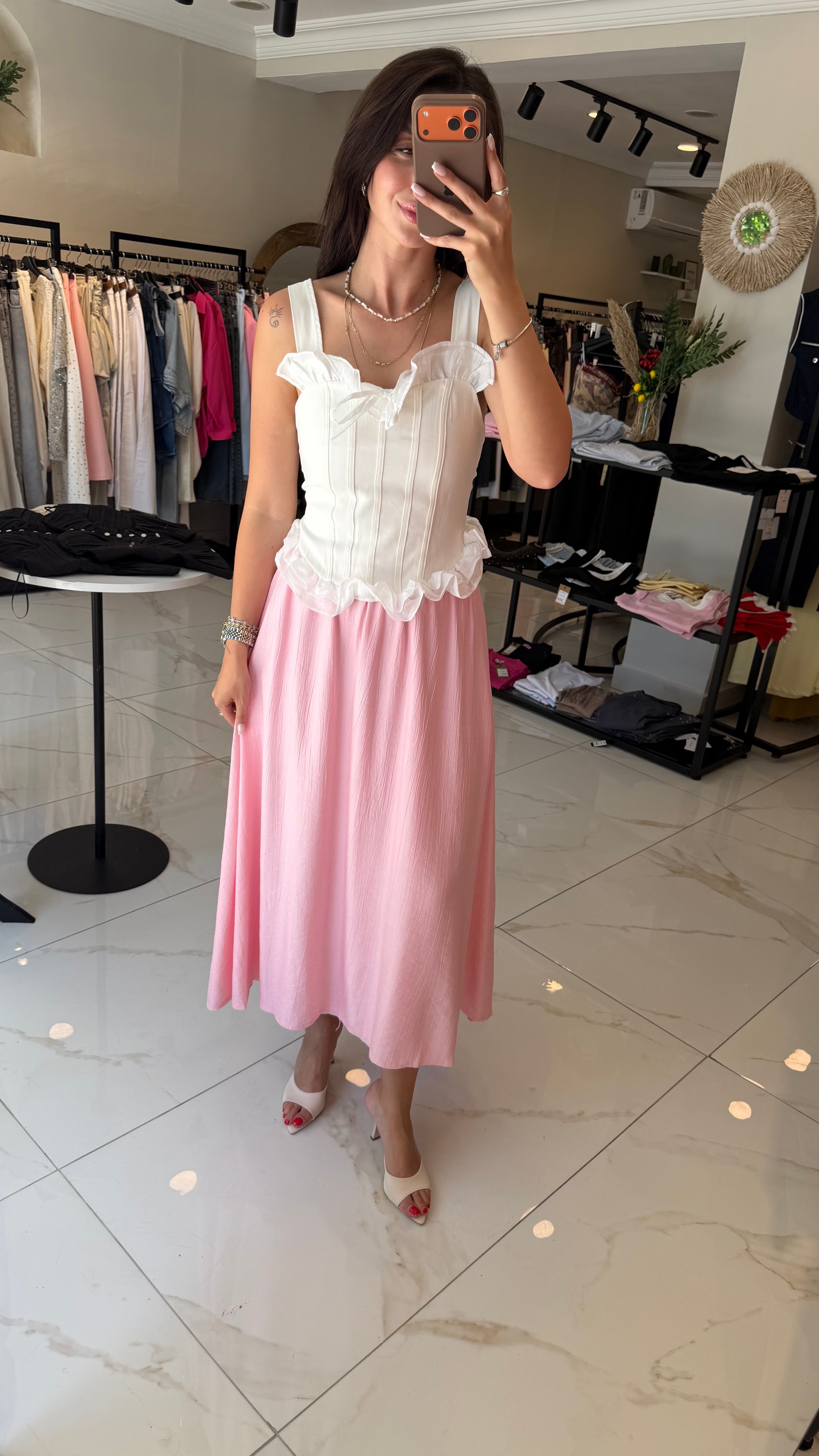 BELİ LASTİKLİ MİDİ ETEK PEMBE