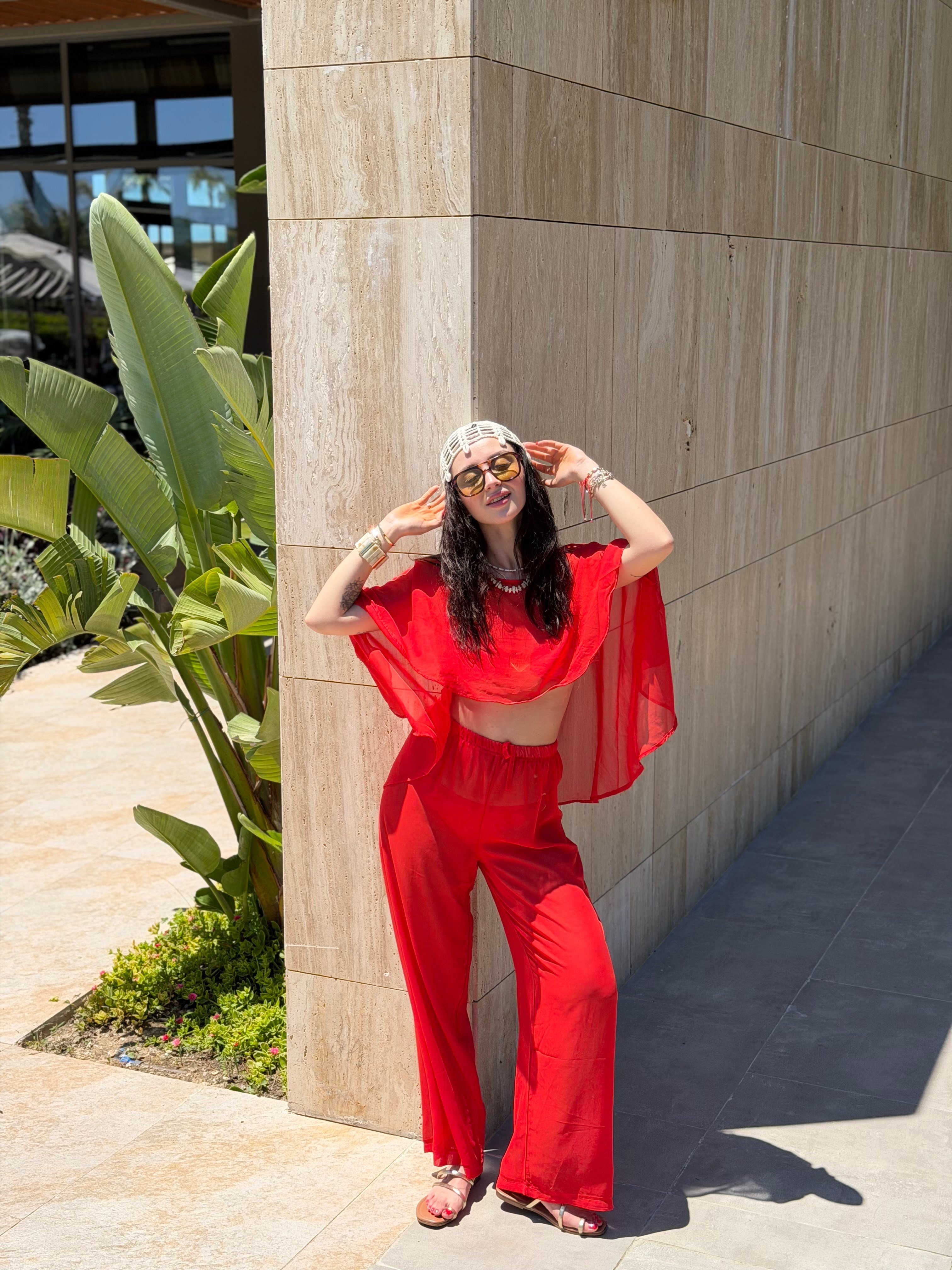 KIRMIZI ŞİFON BEACHWEAR TAKIM 