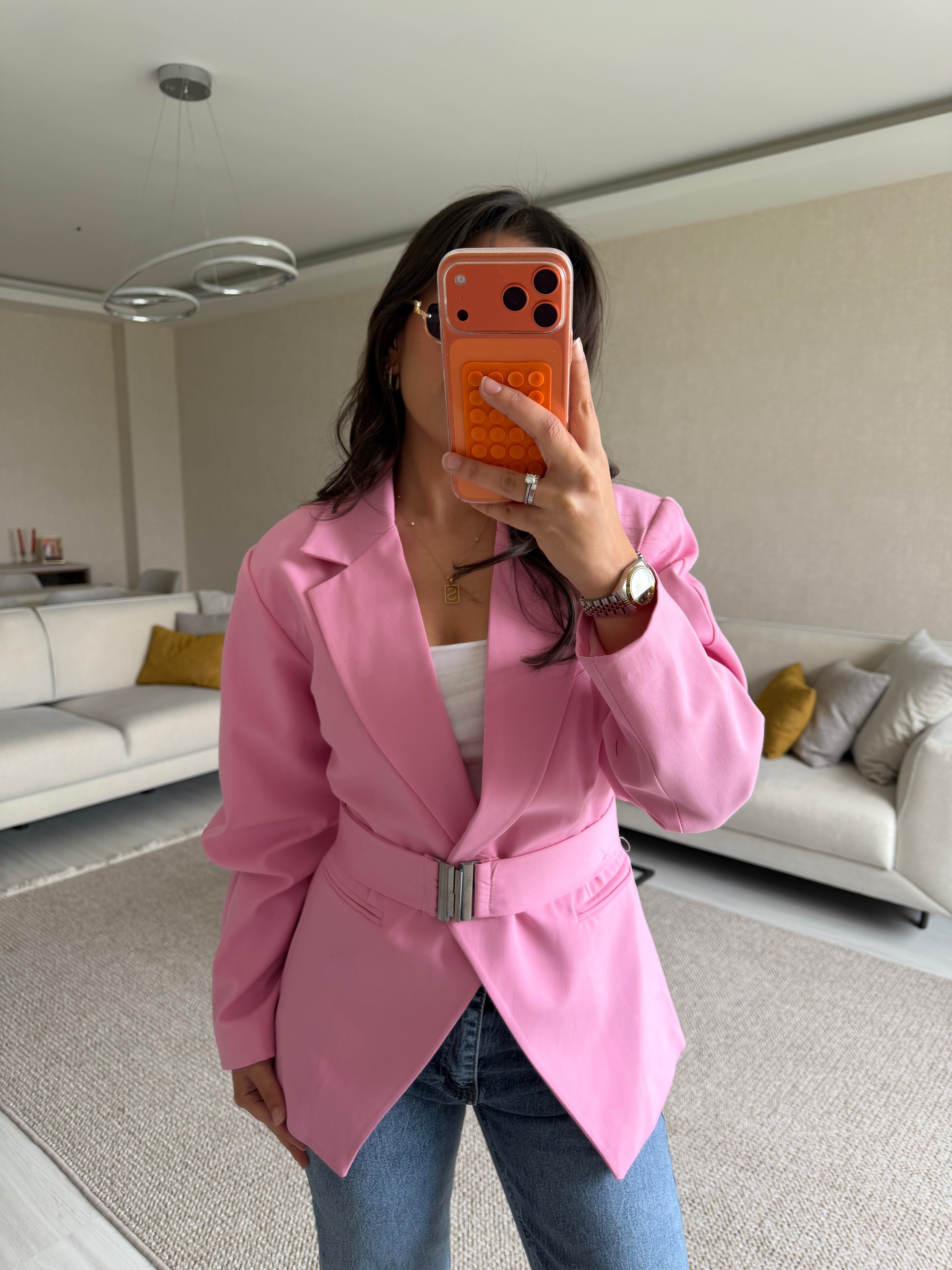 PEMBE KEMER DETAYLIN BLAZER 