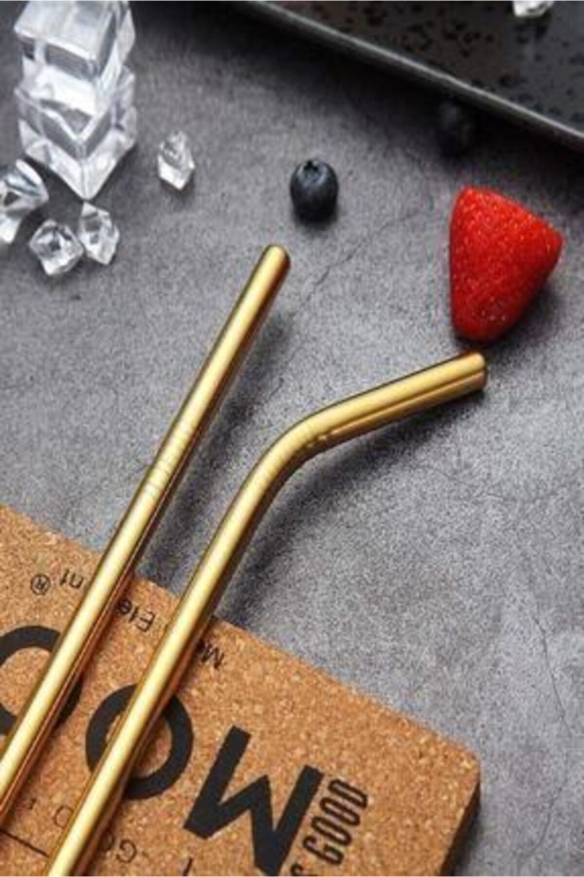2'li Paslanmaz Çelik Pipet Ve Temizleme Fırçası Gold