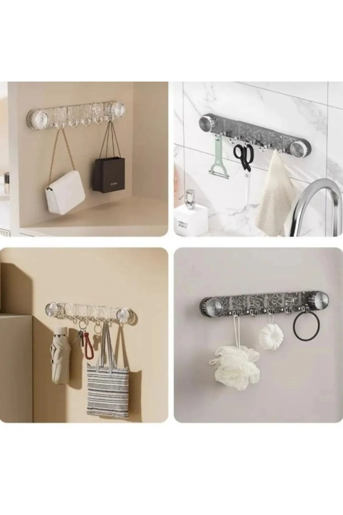 Şık Görünümlü Vakumlu ve Yapışkanlı Mutfak Banyo Askılığı Modern 5 Kancalı Vantuzlu Mutfak Askısı