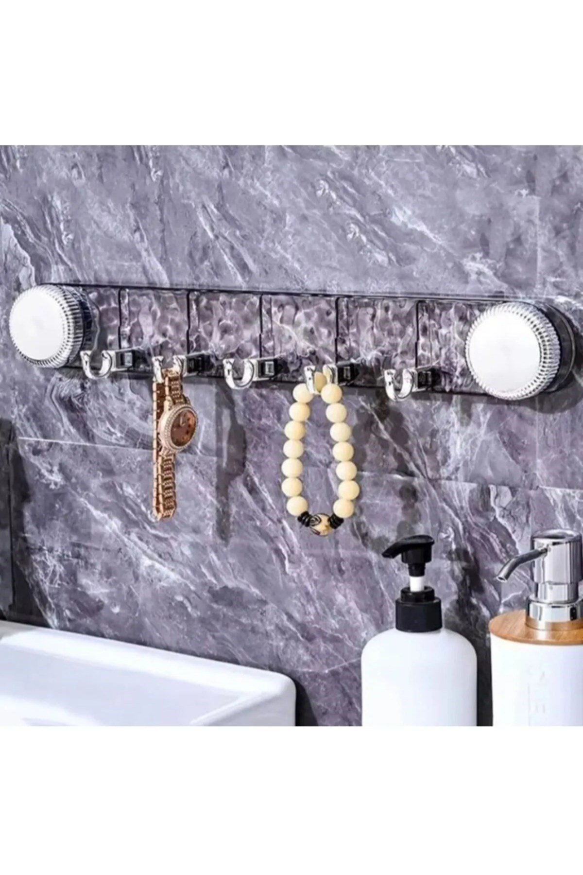 Şık Görünümlü Vakumlu ve Yapışkanlı Mutfak Banyo Askılığı Modern 5 Kancalı Vantuzlu Mutfak Askısı
