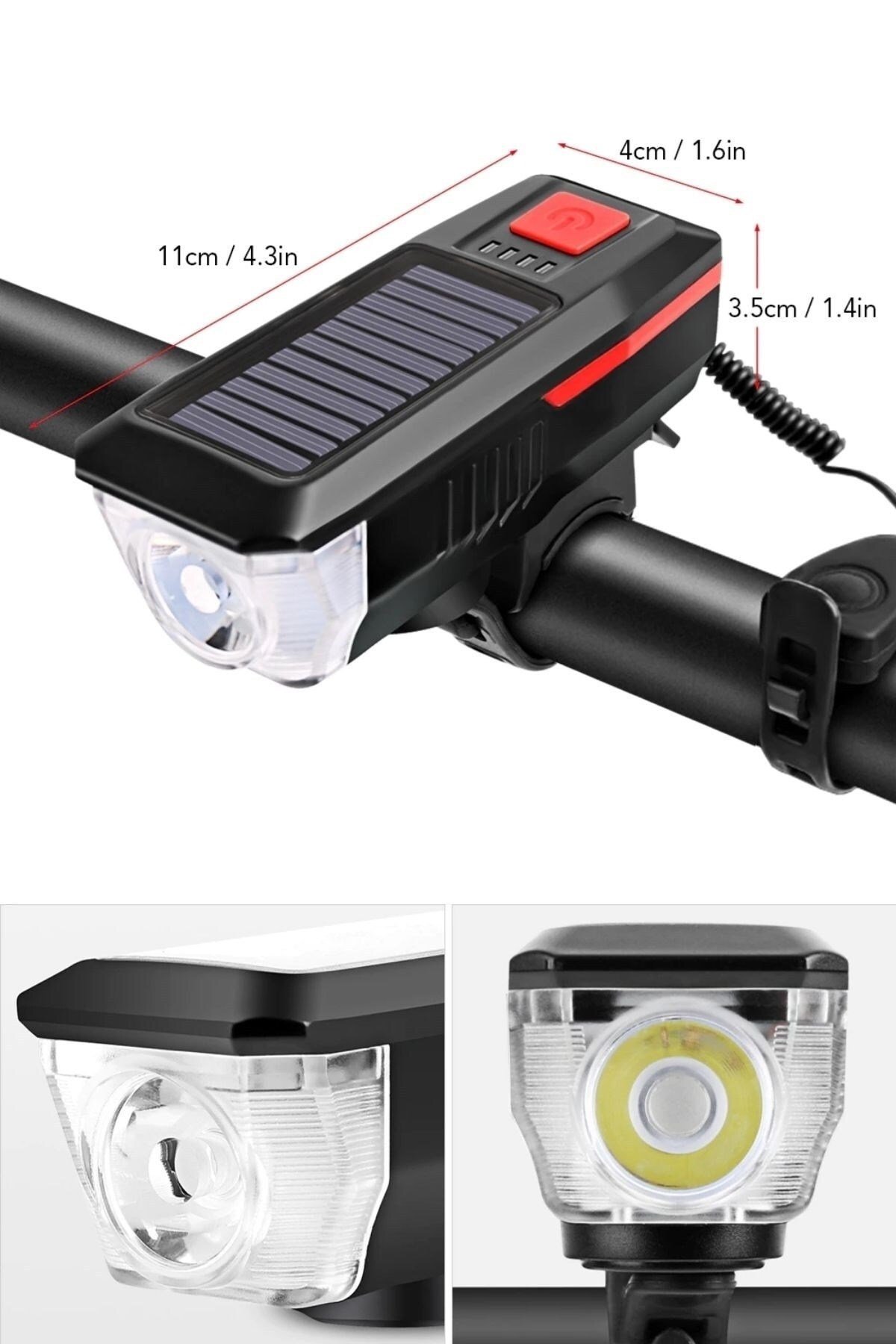 Solar Şarj Edilebilir Bisiklet Farı Feneri Kornalı Ve Su Geçirmez Usb Şarj Edilebilir Scooter Farı