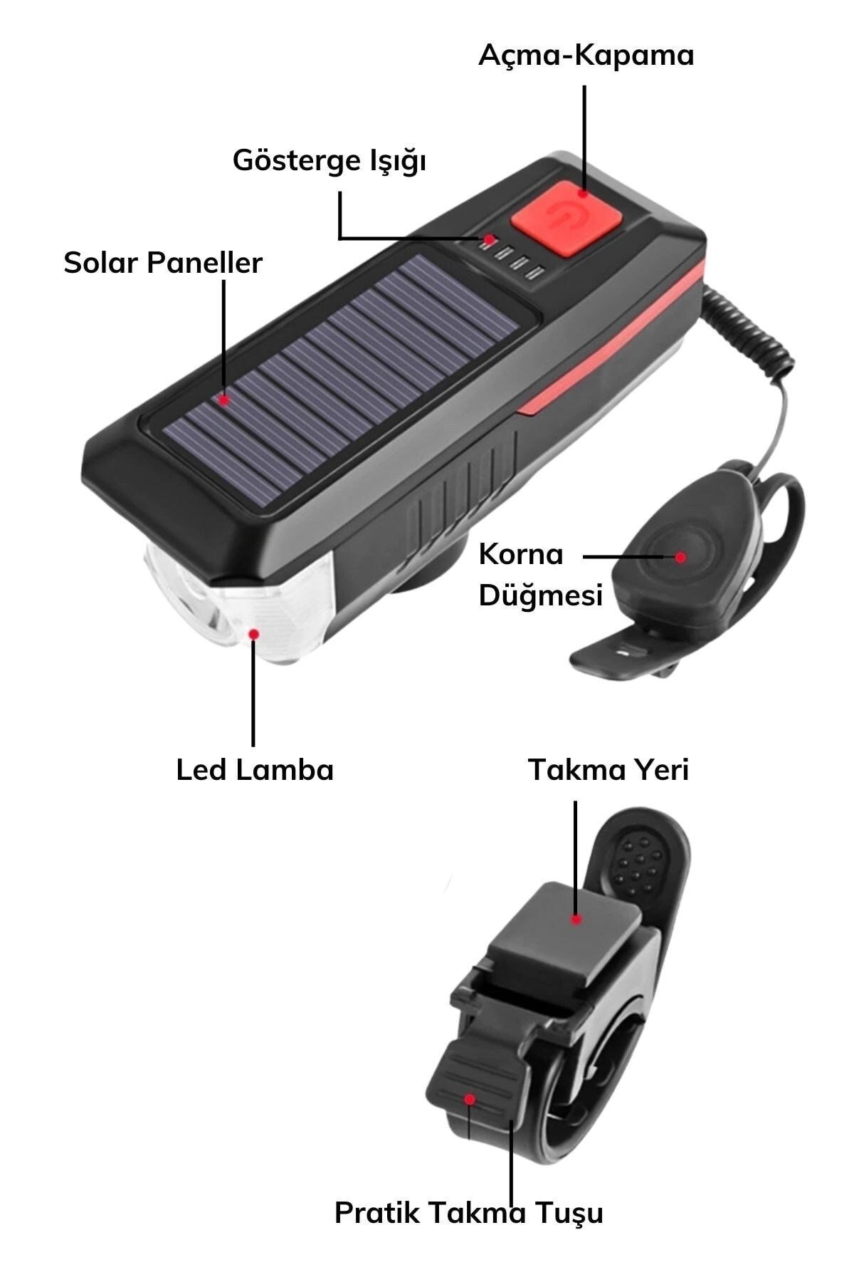 Solar Şarj Edilebilir Bisiklet Farı Feneri Kornalı Ve Su Geçirmez Usb Şarj Edilebilir Scooter Farı