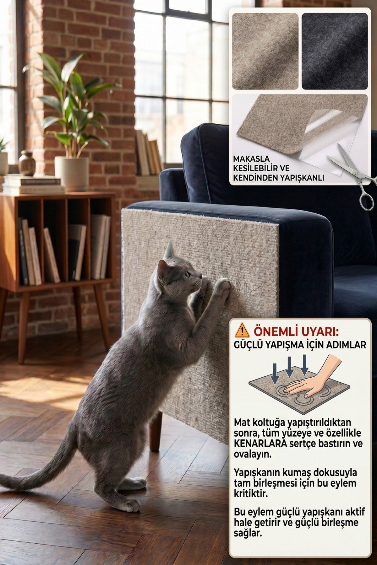Yapışkanlı Kedi Tırmalama Halısı Koltuk ve Duvar Yapıştırma Tırmalama Halısı Renkli 100x30 cm
