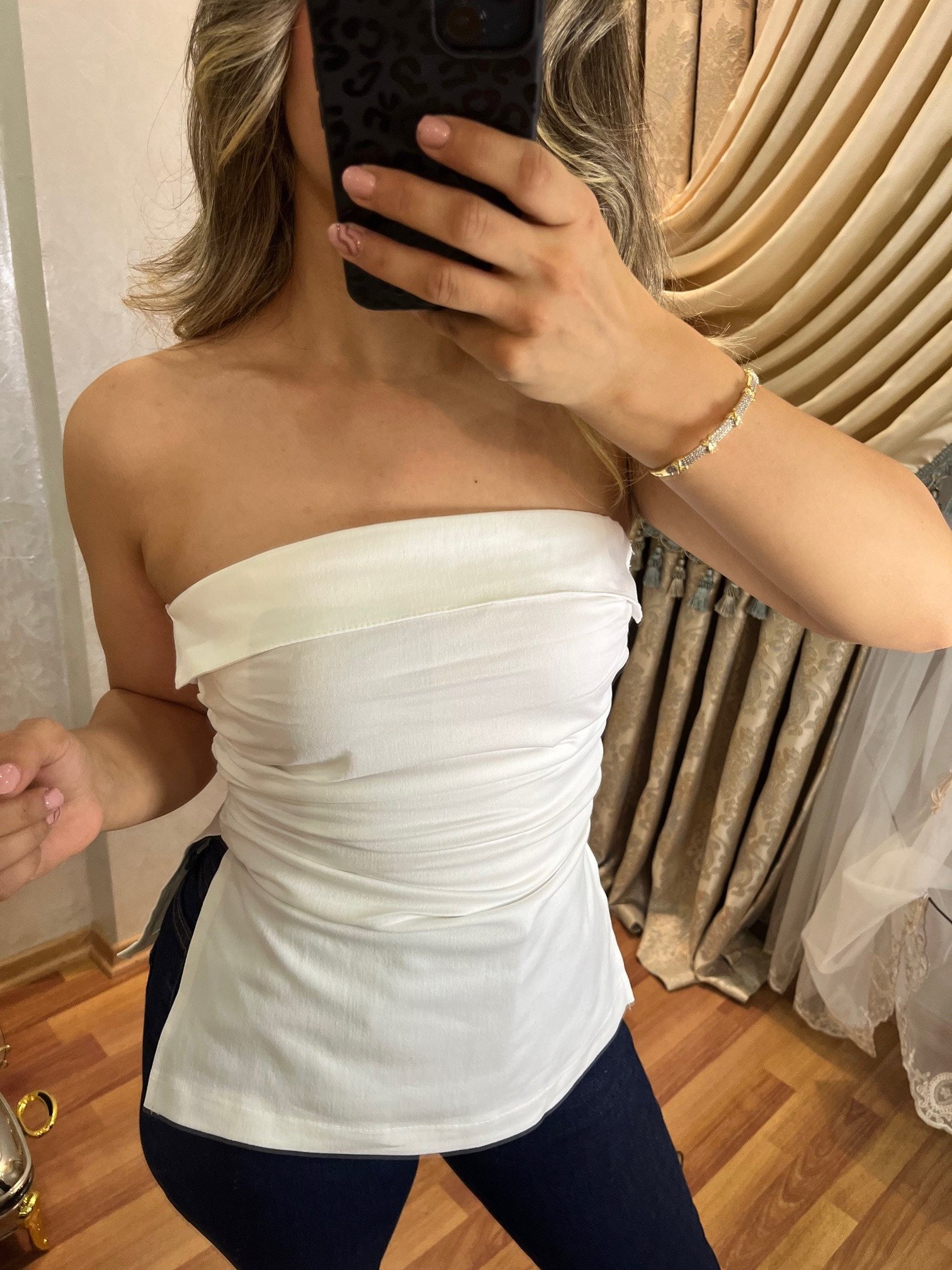 Beyaz Denim Straplez Bluz