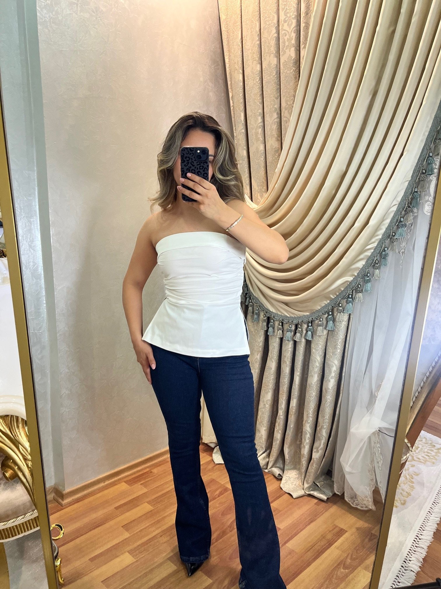 Beyaz Denim Straplez Bluz