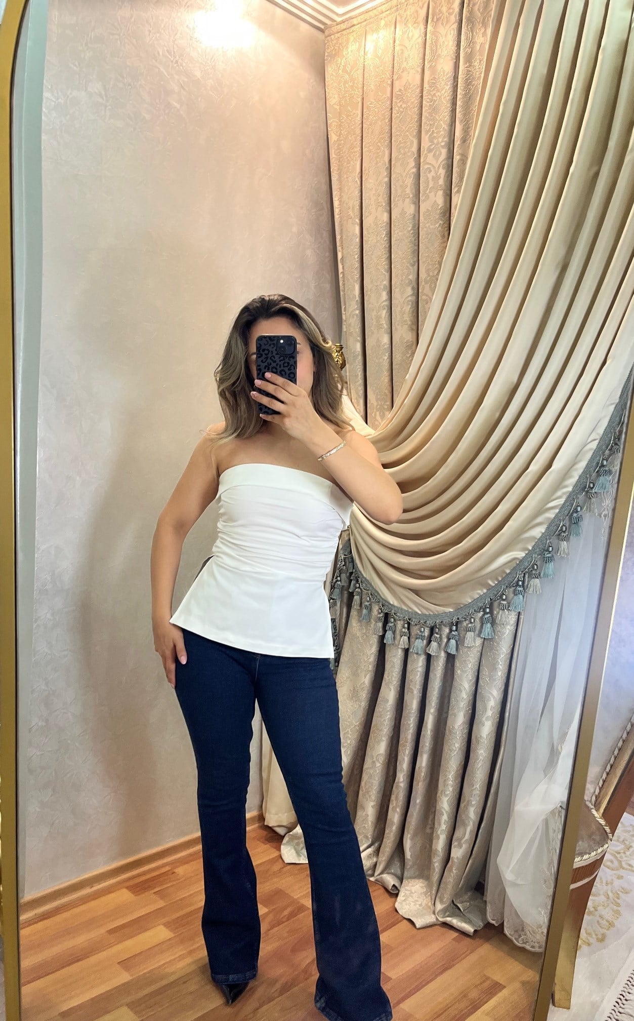 Beyaz Denim Straplez Bluz