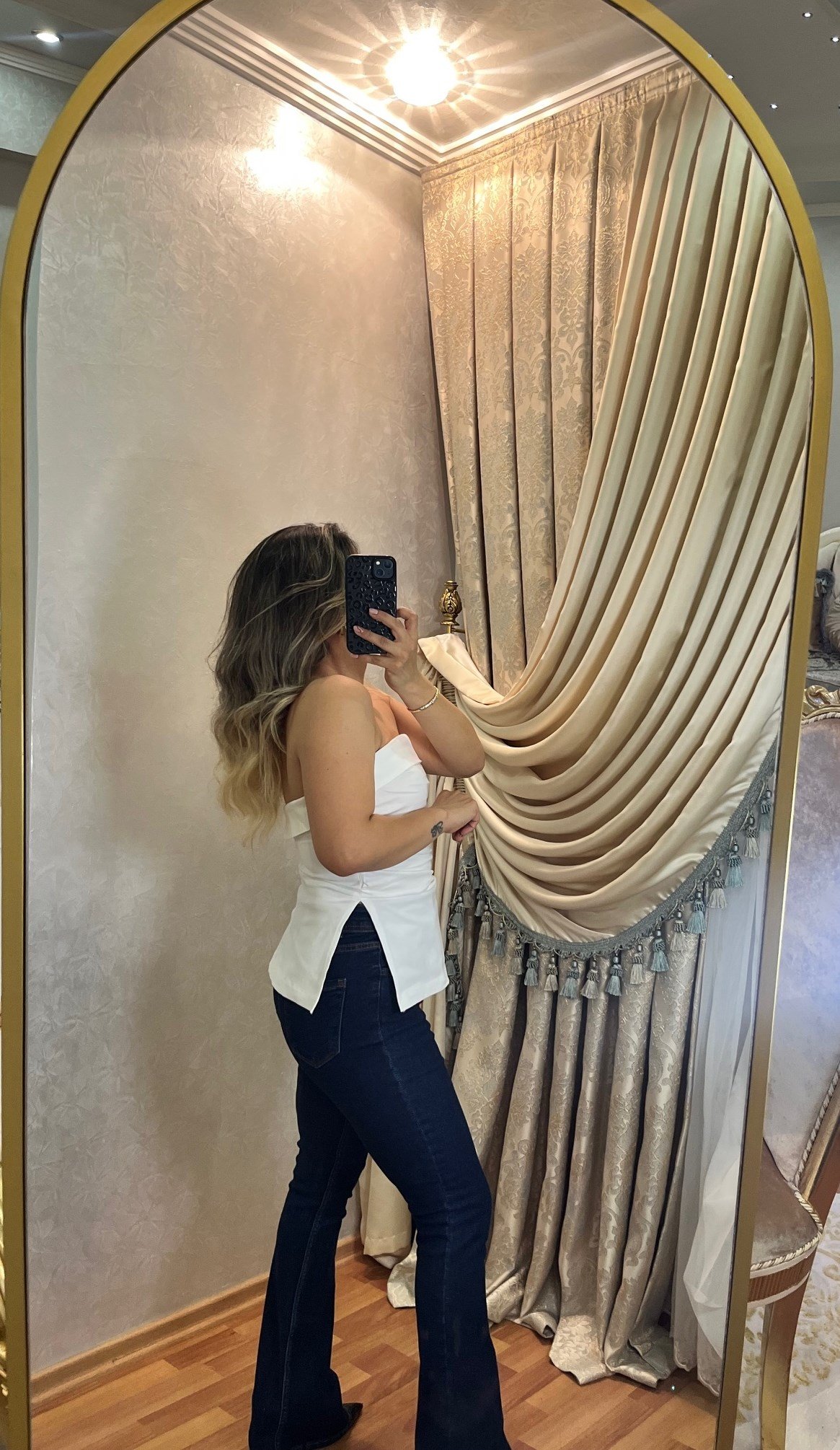Beyaz Denim Straplez Bluz