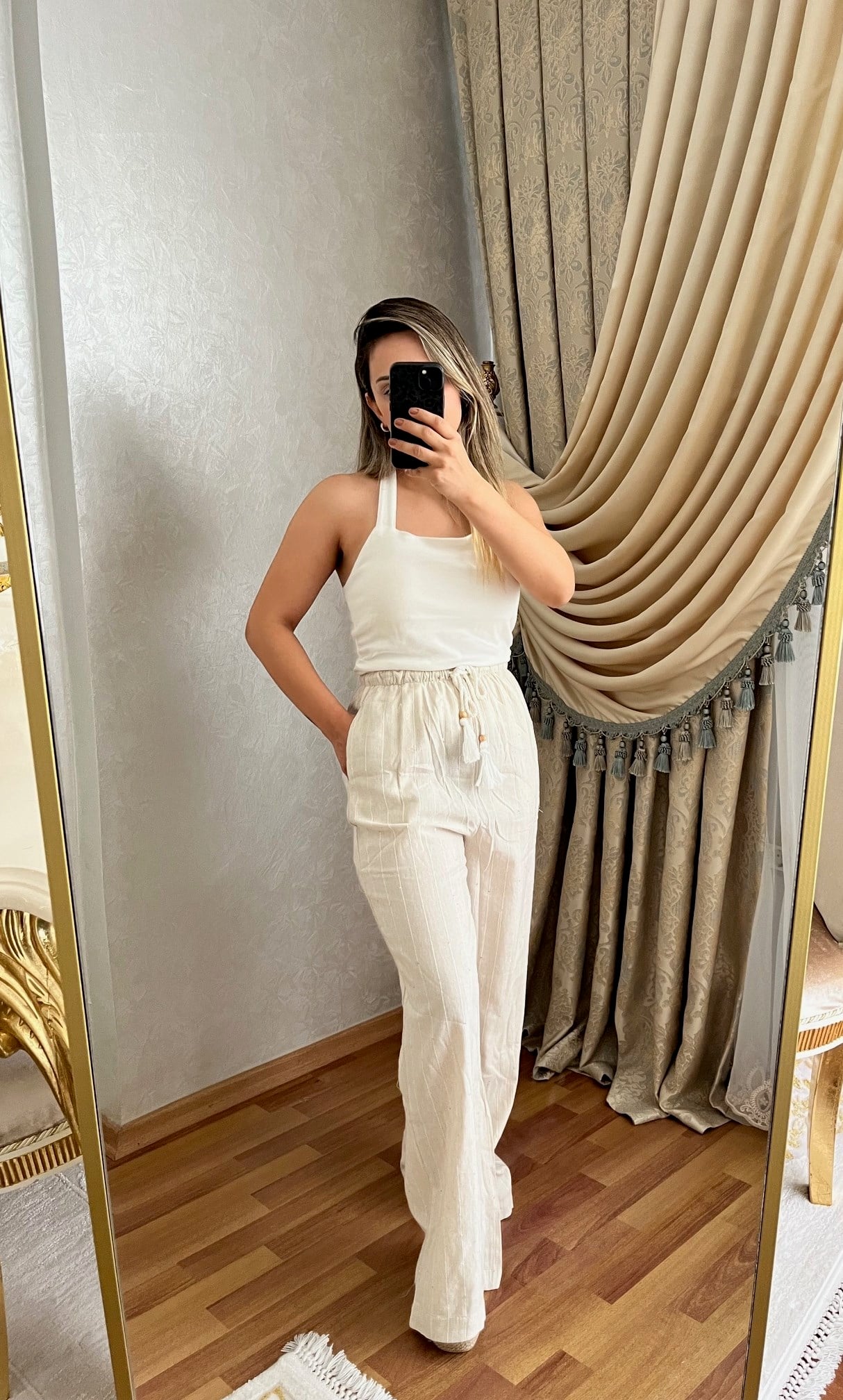 KETEN PANTOLON PUL DETAYLI GENİŞ PAÇA BELİ LASTİKLİ