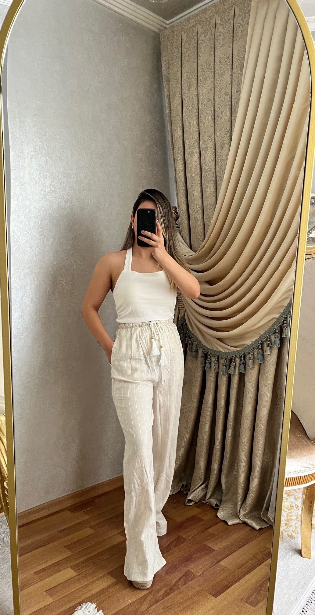 KETEN PANTOLON PUL DETAYLI GENİŞ PAÇA BELİ LASTİKLİ