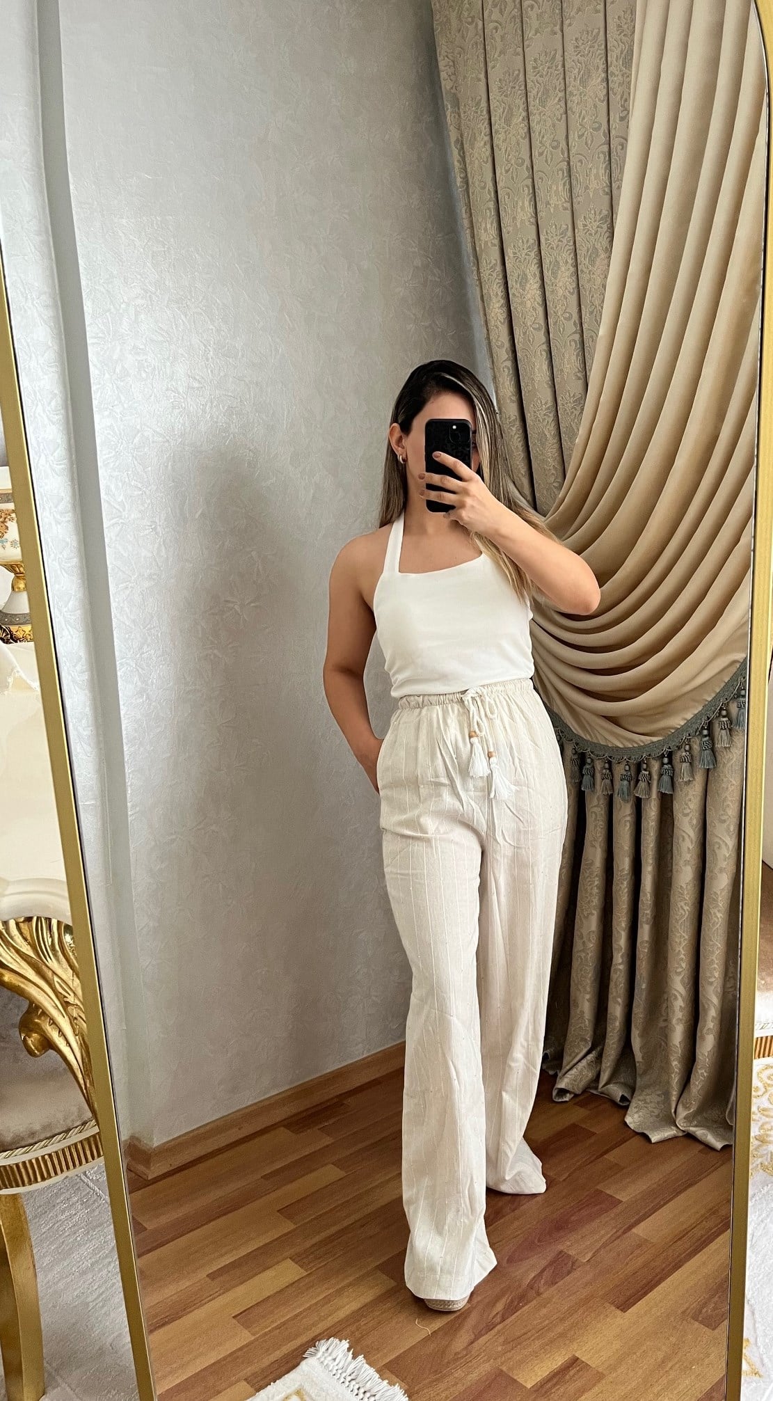 KETEN PANTOLON PUL DETAYLI GENİŞ PAÇA BELİ LASTİKLİ