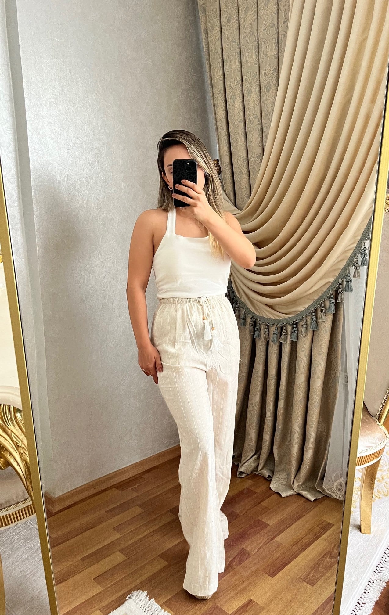 KETEN PANTOLON PUL DETAYLI GENİŞ PAÇA BELİ LASTİKLİ