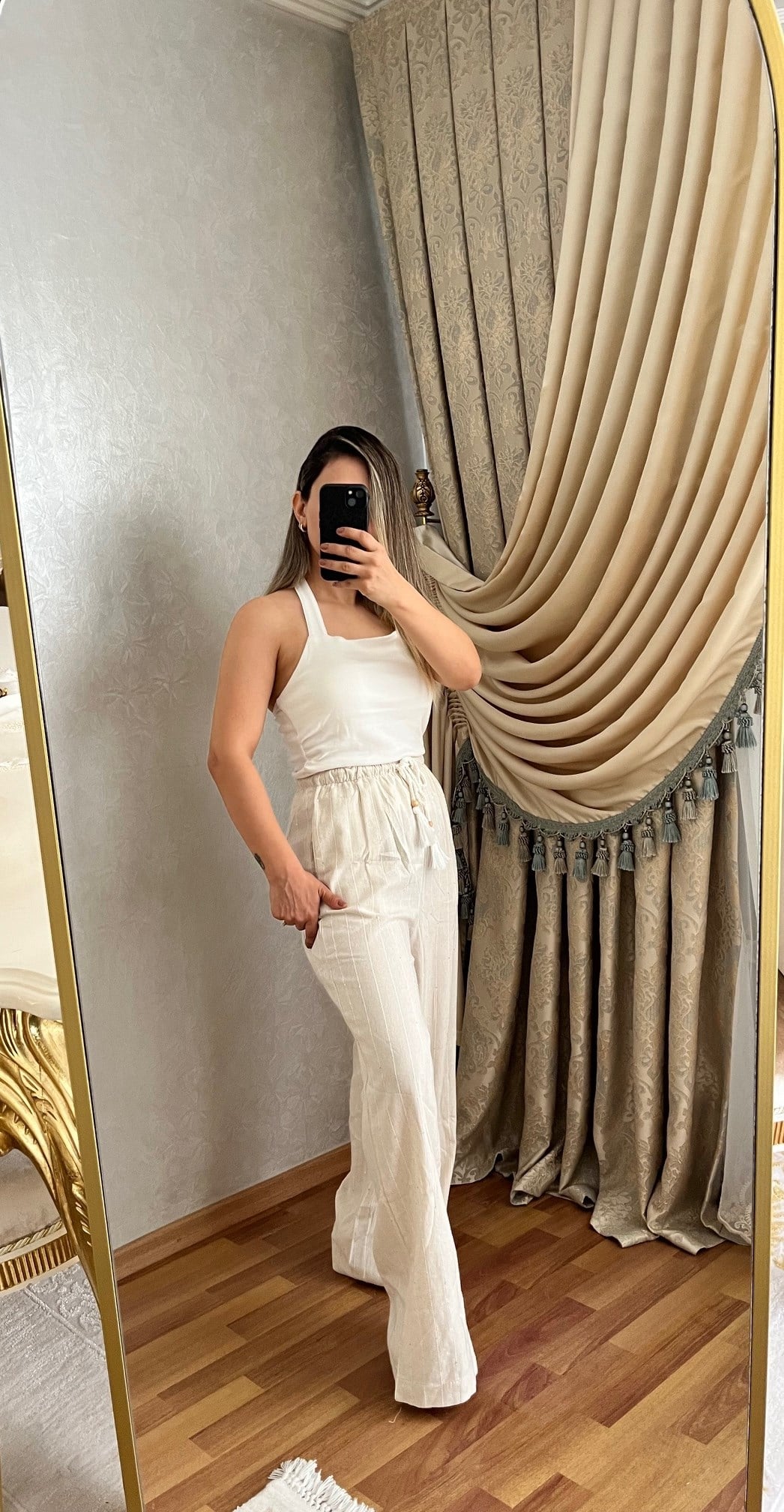 KETEN PANTOLON PUL DETAYLI GENİŞ PAÇA BELİ LASTİKLİ