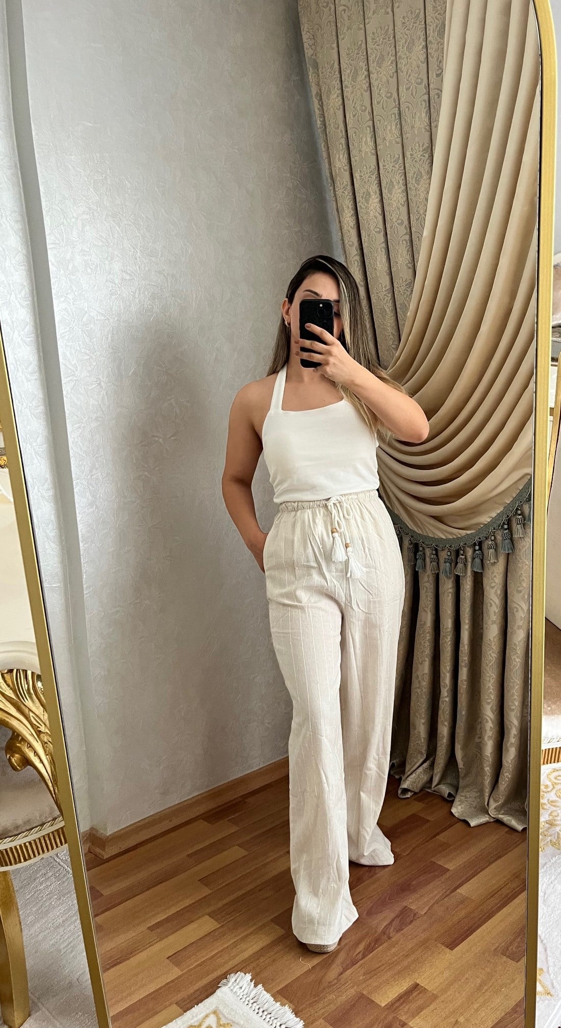 KETEN PANTOLON PUL DETAYLI GENİŞ PAÇA BELİ LASTİKLİ