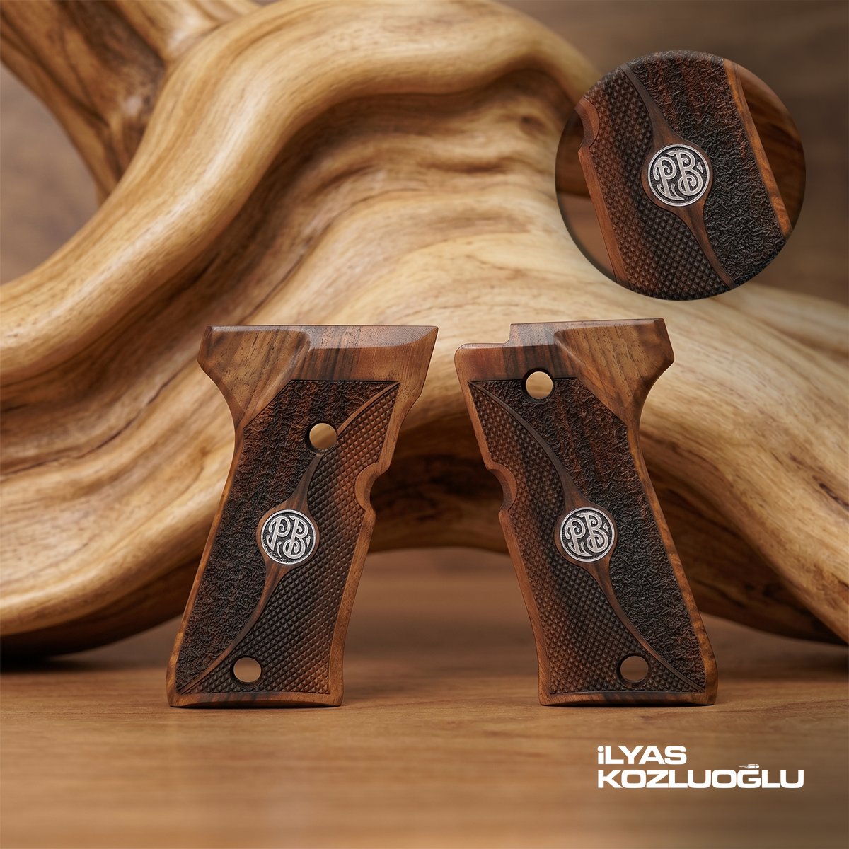 Beretta 92 Compact Koyu Ceviz Kabza Tam Yüzey Desen Üzeri Gümüş Renk Marka Logolu