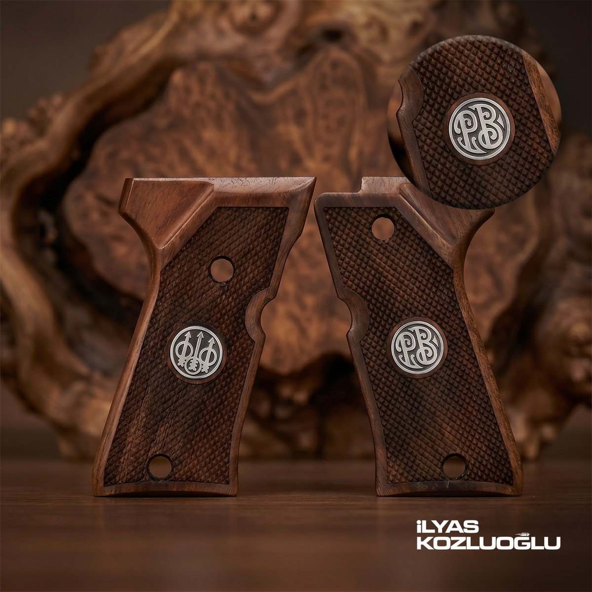Beretta 92 Compact Koyu Ceviz Kabza Tam Yüzey Desen Üzeri Gümüş Renk Marka Logolu