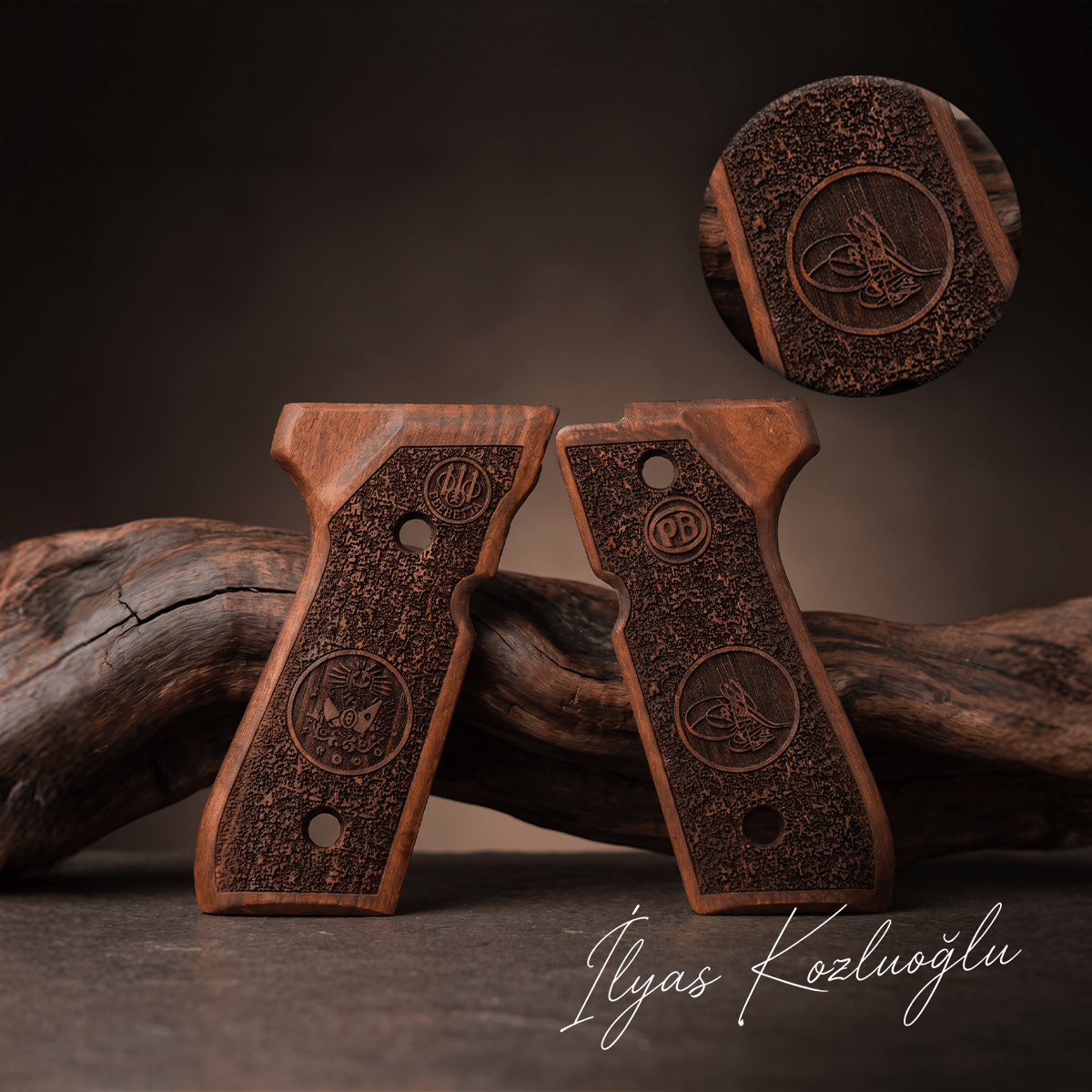 Beretta 92 FS Ceviz Kabza Tam Yüzey Desenli Üzeri Osmanlı Tuğrası ve Marka Logosu İşlemeli
