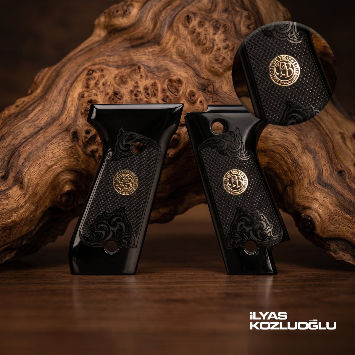 Beretta 92S Siyah Pleksi Kabza Tam Yüzey Desen Üzeri Sarı Pirinç Marka Logolu