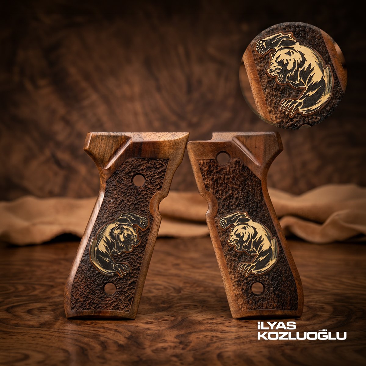 Beretta F92 Koyu Ceviz Kabza Tam Yüzey Desen Üzeri Sarı Pirinç Ayı Logolu