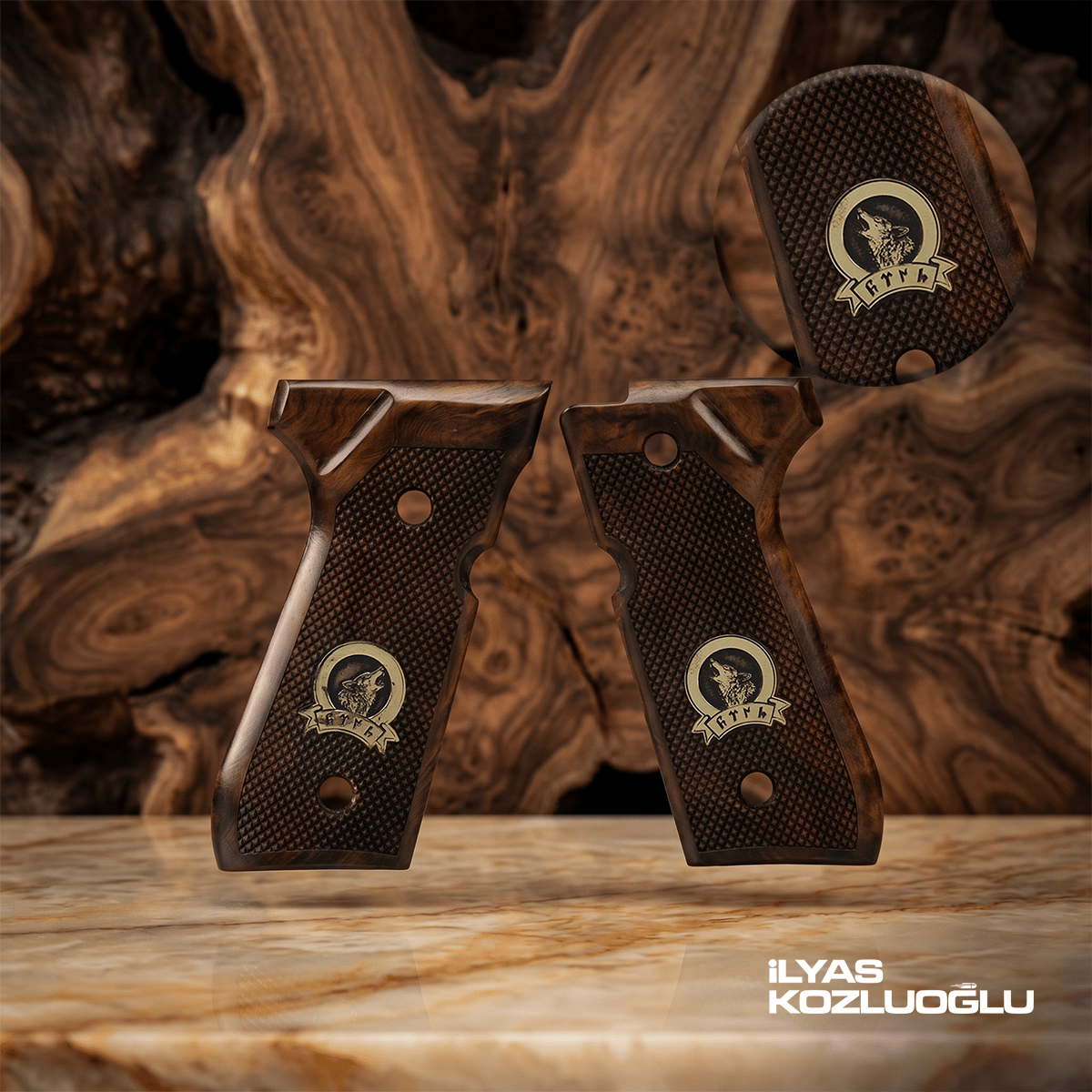 Beretta F92 Koyu Ceviz Kabza Tam Yüzey Desen Üzeri Sarı Pirinç Kurt ve Göktürkçe Türk Yazılı