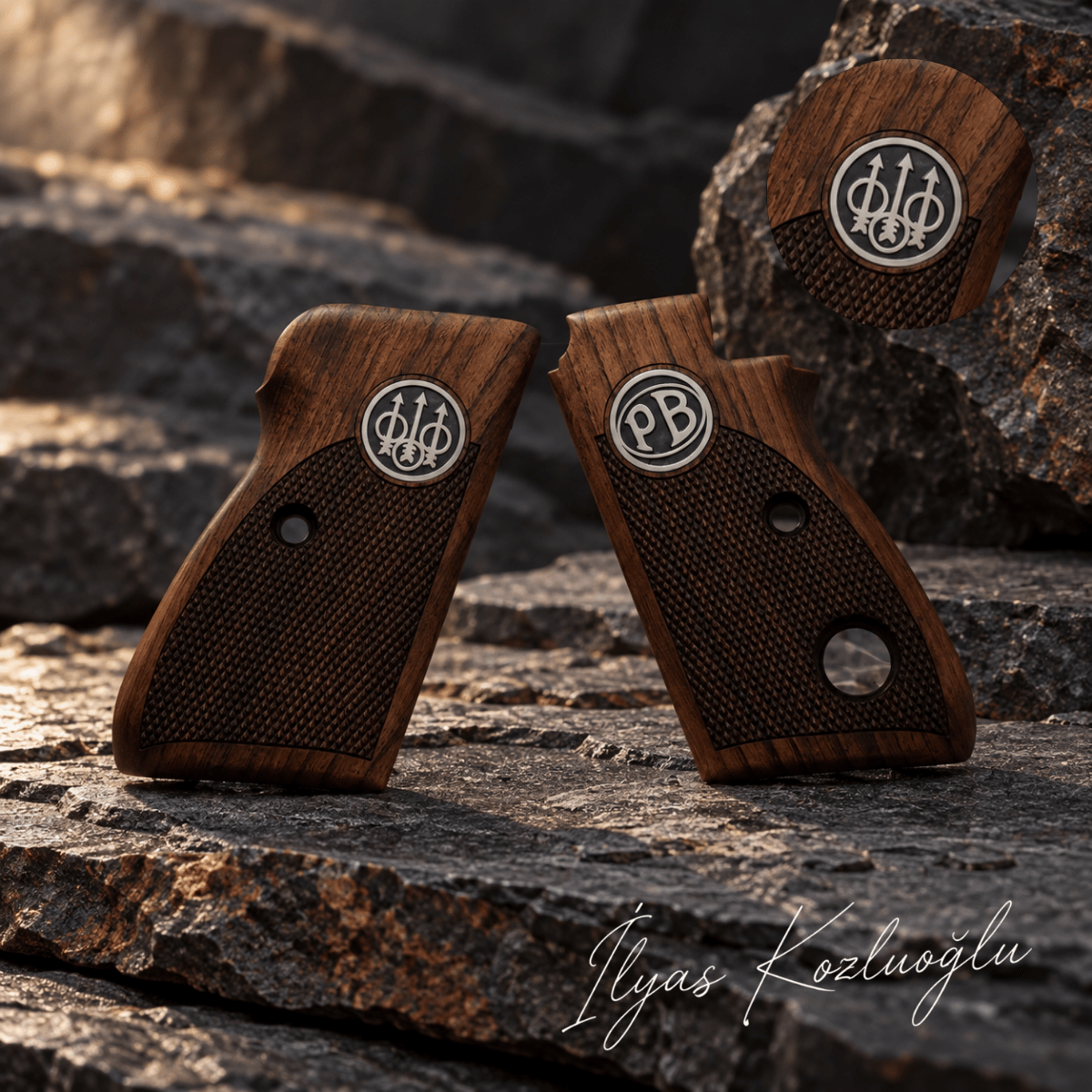 Beretta Mod 70 Ceviz Kabza Yüzey Baklava Desenli Üzerinde Sarı Pirinç Beretta Logolu