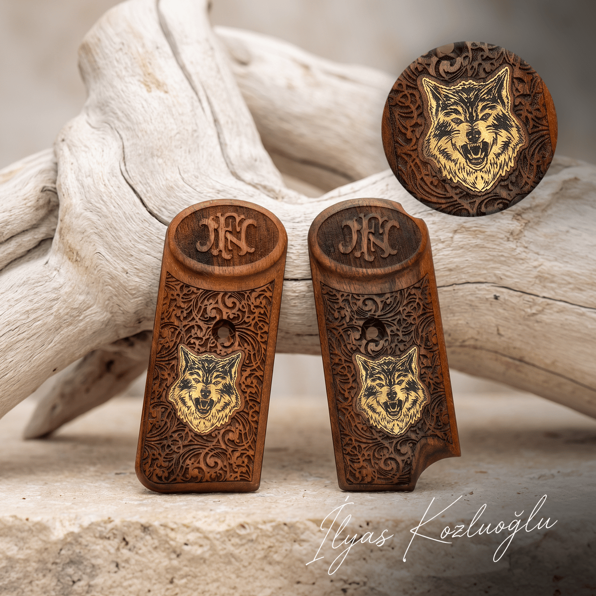 Browning FN 1900 Ceviz Kabza Tam Yüzey Sarmaşık Desenli Üzeri Sarı Pirinç Kurt Logolu