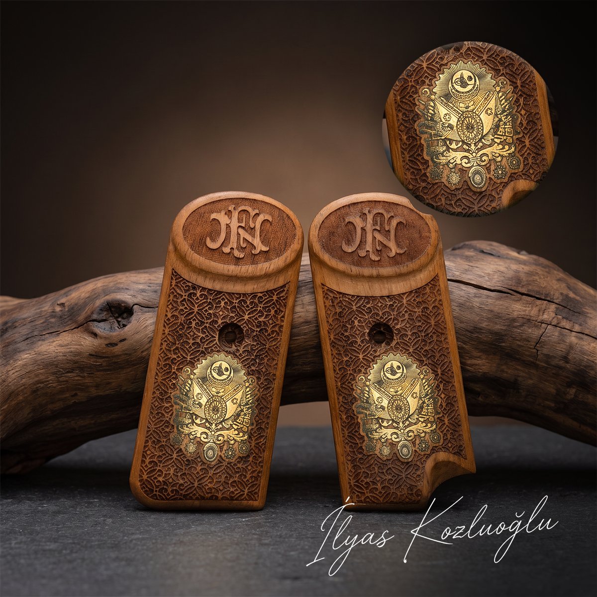Browning FN 1903 Ceviz Kabza Tam Yüzey Sarmaşık Desenli Üzeri Sarı Pirinç Osmanlı Tuğralı