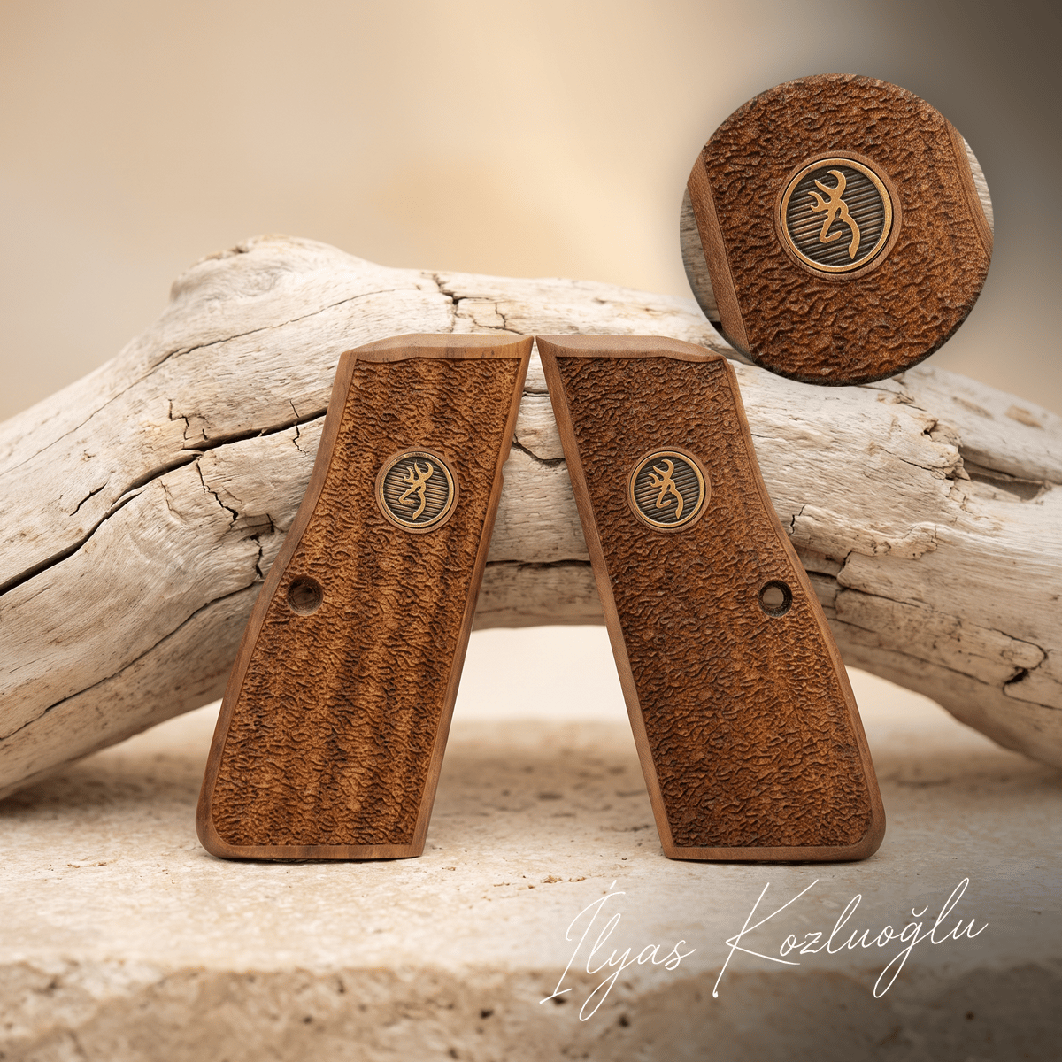 Browning MK 3 Ceviz Kabza Tam Yüzey Desenli Üzeri Sarı Pirinç Browning Logolu