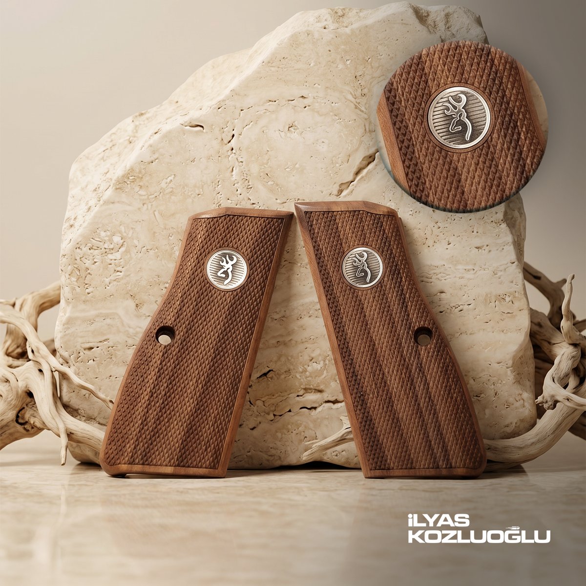 Browning MK3 Ceviz Kabza Tam Yüzey Baklava Desen Üzeri Gümüş Renk Marka Logolu