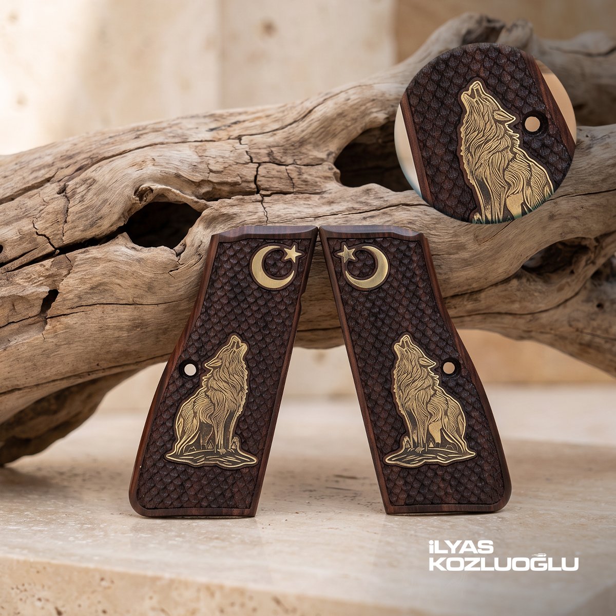 Browning MK3 Gül Ağacı Kabza Tam Yüzey Balık Pulu Desenli Üzeri Sarı Pirinç Kurt ve Ay Yıldız Logolu